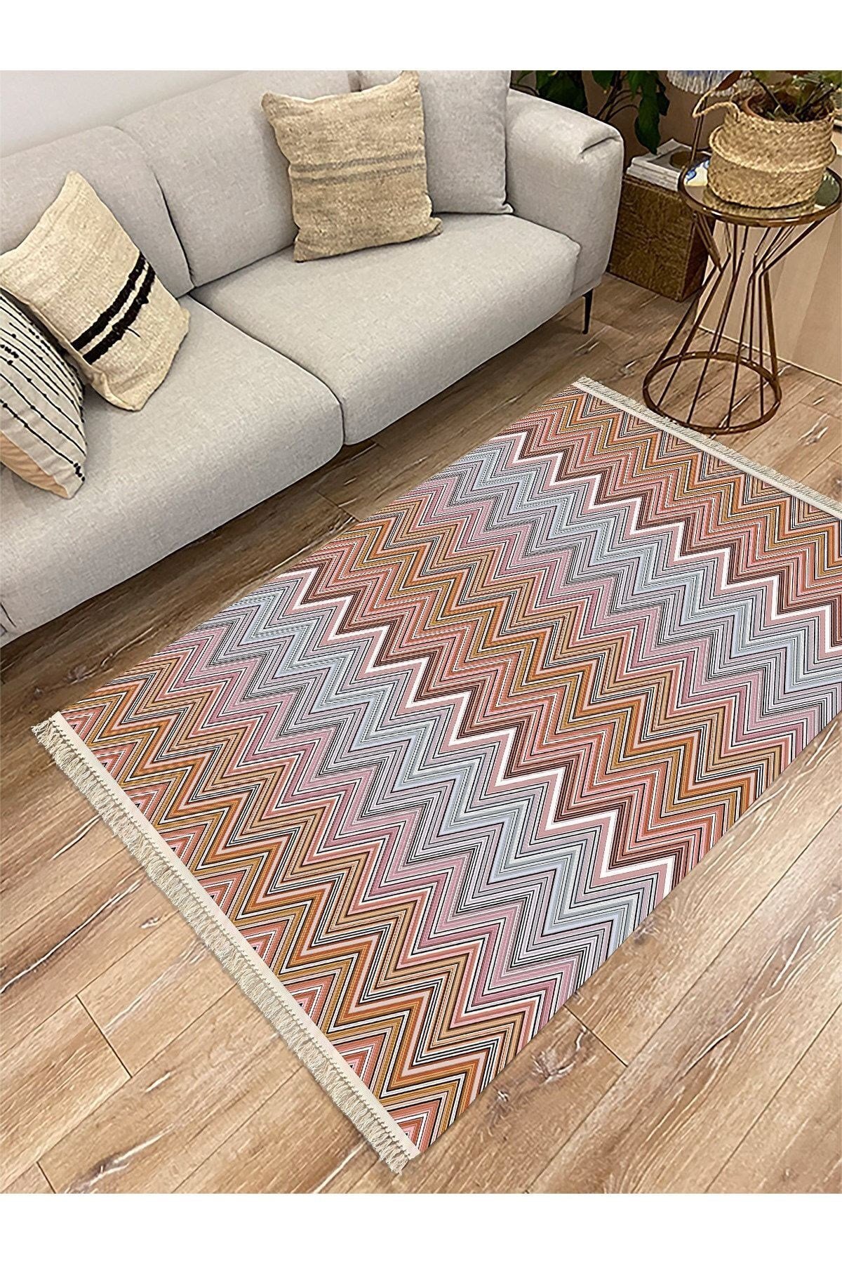 Cotton Serisi Multy Tonlarında Zikzak Eskitme Desenli Dekoratif Dokuma Taban Kilim