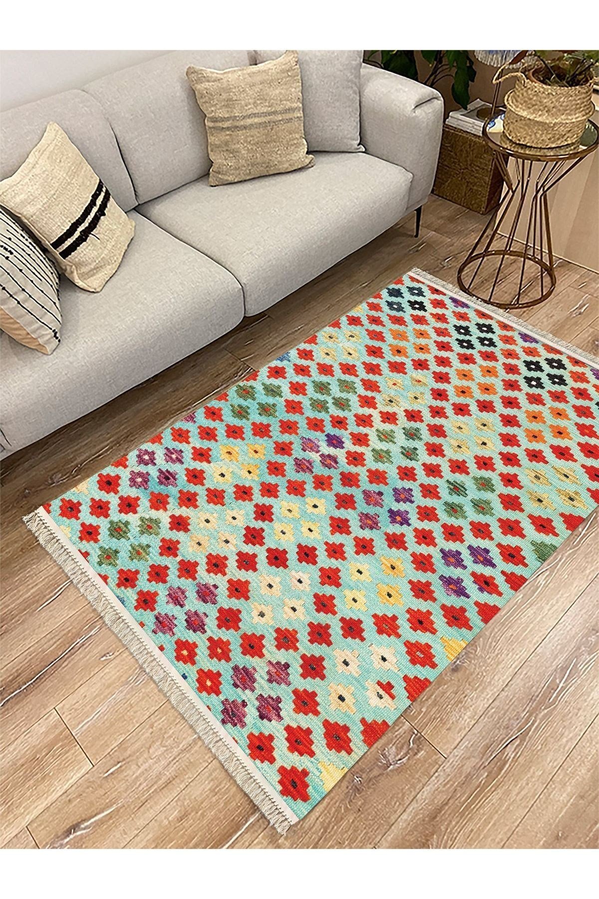 Cotton Serisi Renkli Geometrik Baklava Desenli Dekoratif Dokuma Taban Kilim