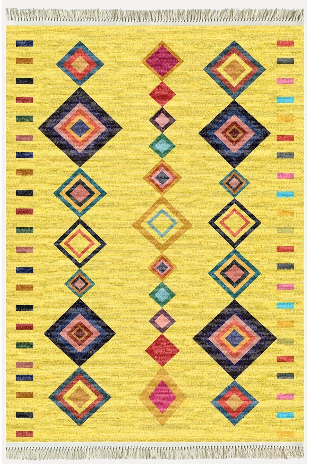 Cotton Serisi Sarı Tonunda Bordürlü Desen Dekoratif Dokuma Taban Kilim