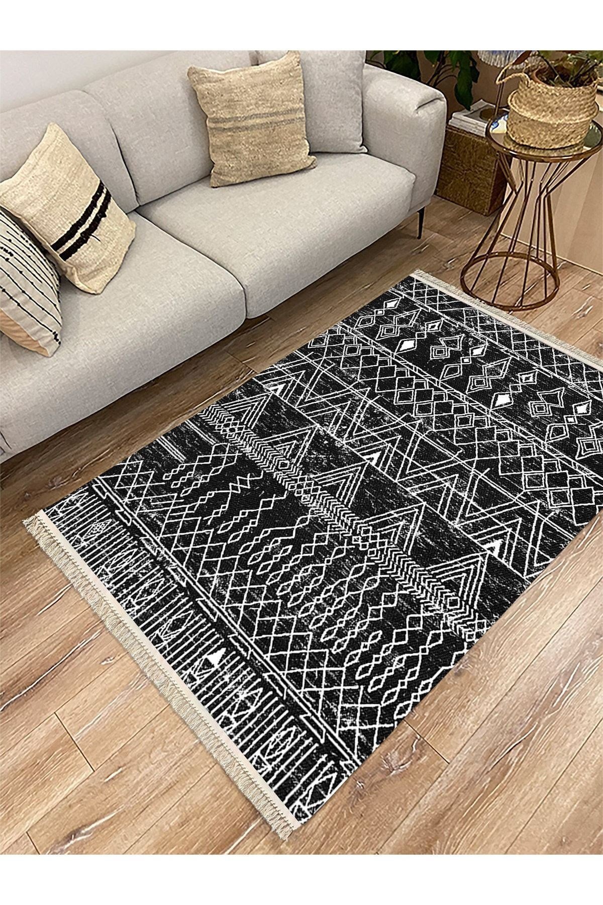 Cotton Serisi Siyah Beyaz Iskandinav Otantik Desen Dekoratif Dokuma Taban Kilim
