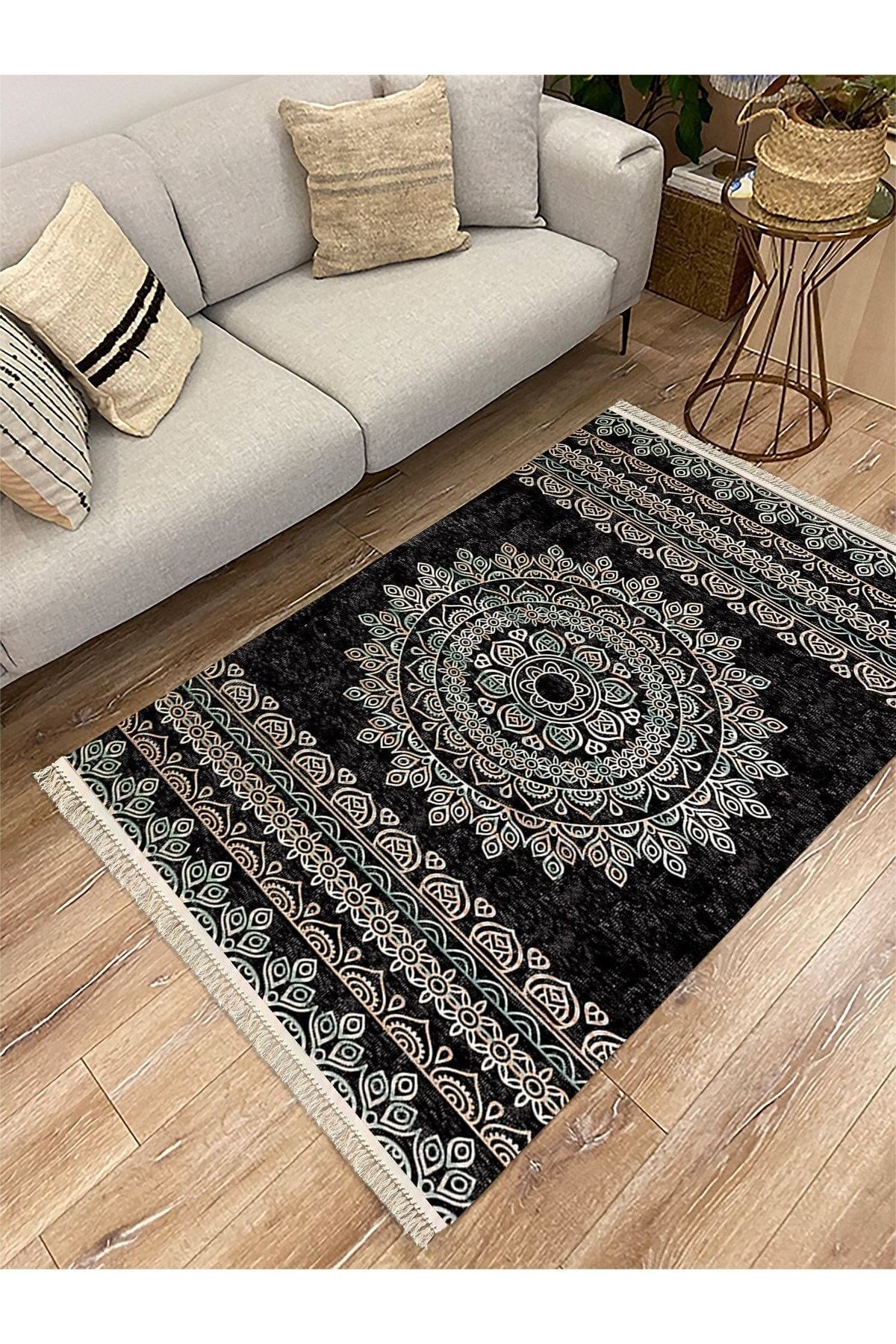 Cotton Serisi Siyah Krem Antika Eskitme Desen Dekoratif Dokuma Taban Kilim