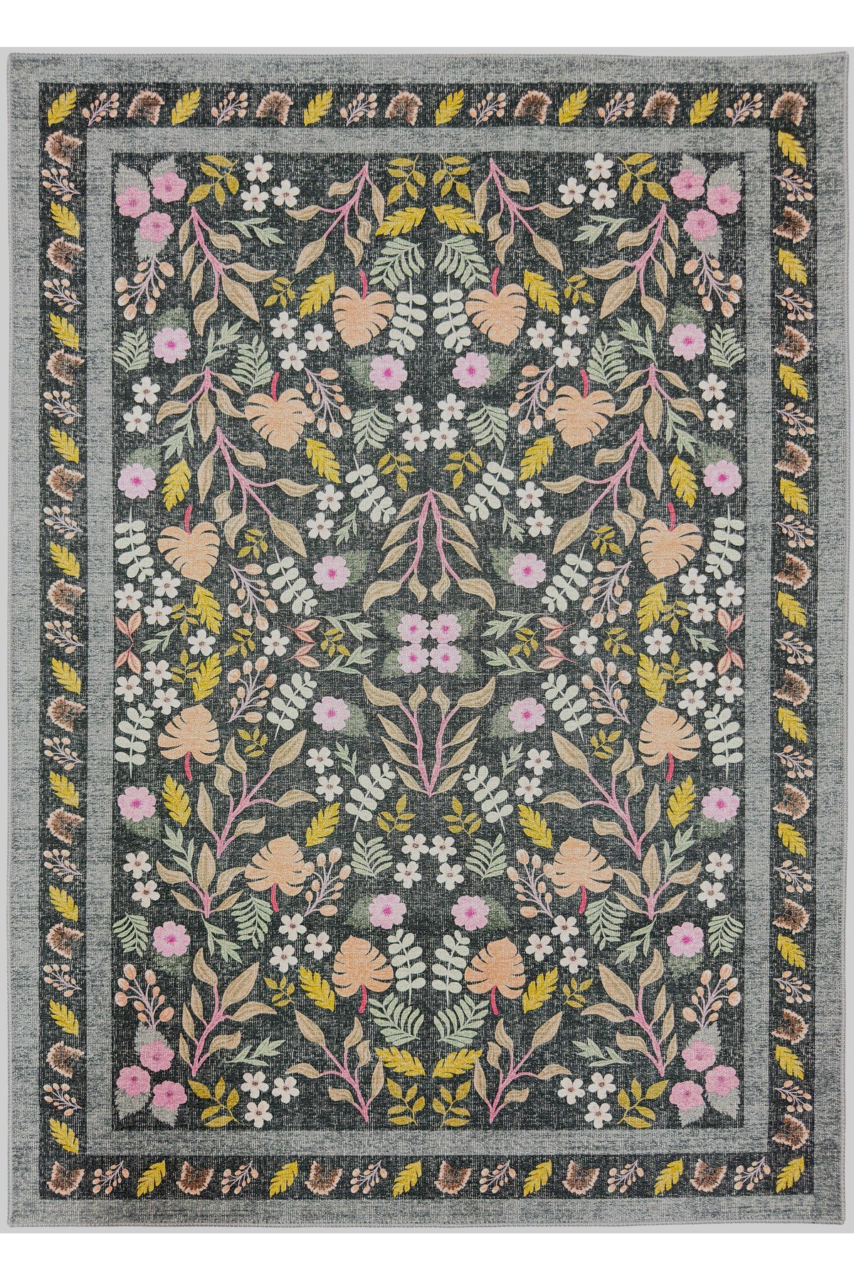 Dark Flora Bohem Çiçek Desenli Yıkanabilir Pamuk Taban Modern Halı 453