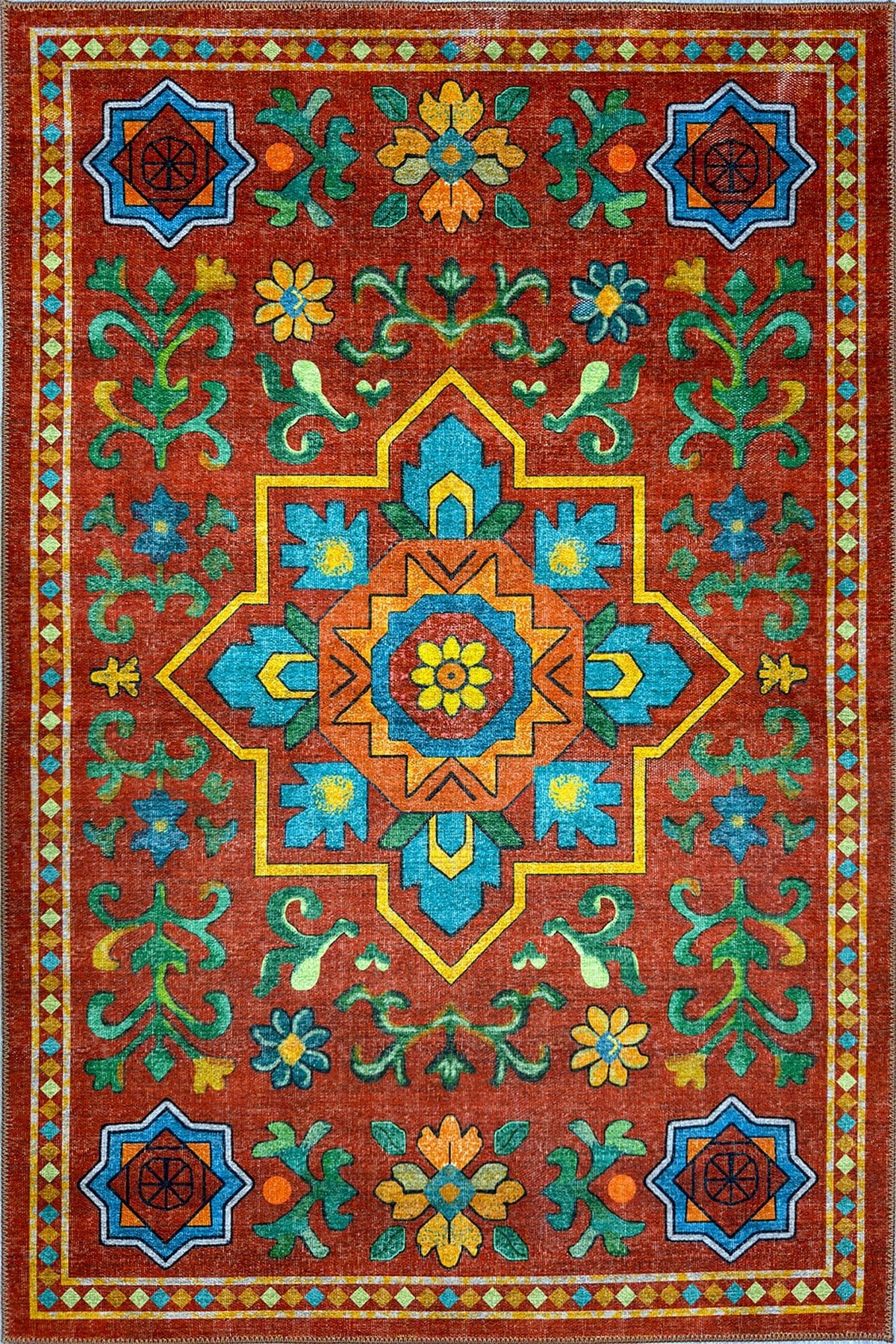 Etnik Desenli Kiremit Dekoratif Salon Halısı Modern Klasik Pamuk Taban Halı 2325