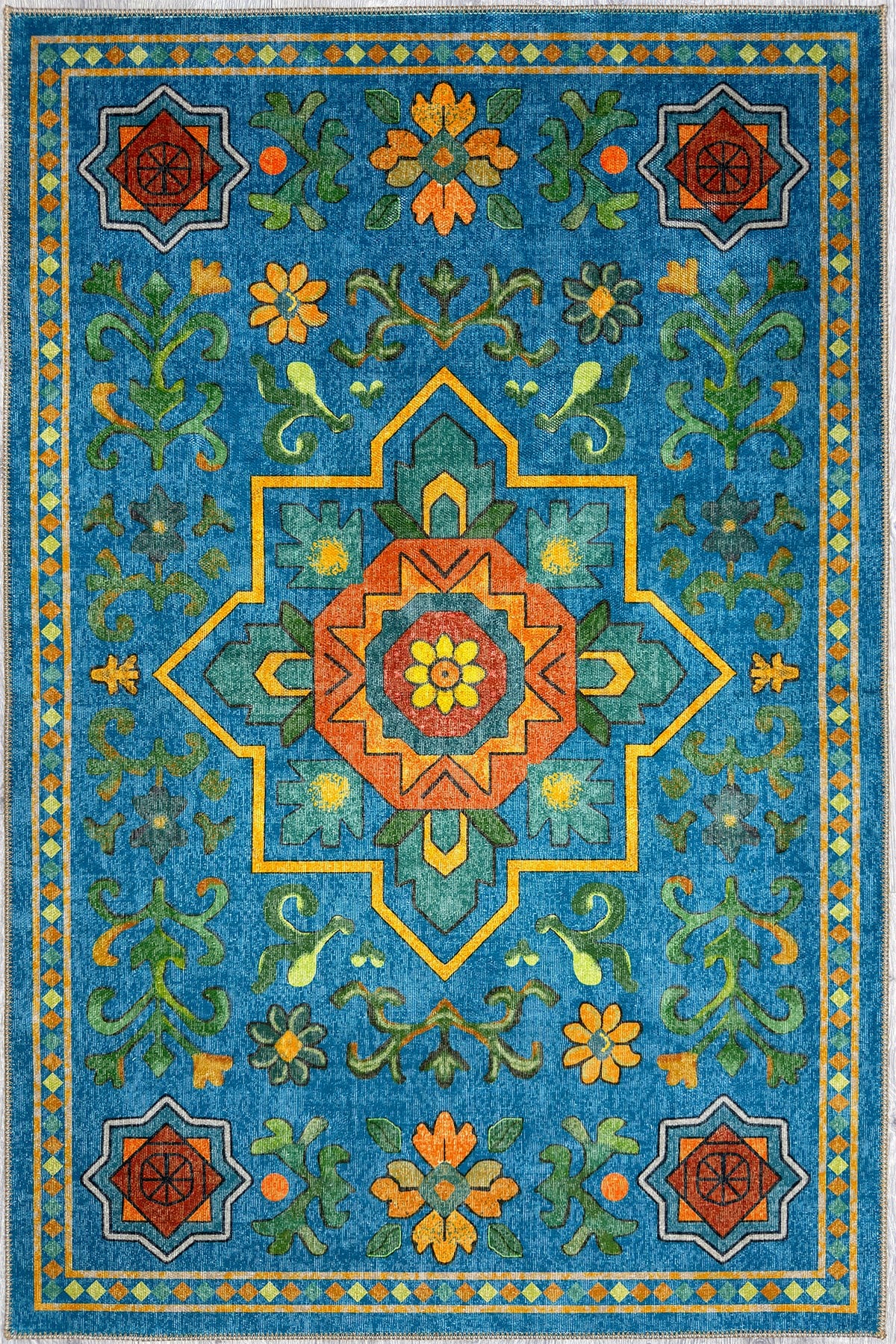 Etnik Desenli Mavi Dekoratif Salon Halısı Modern Klasik Pamuk Taban Halı 2326
