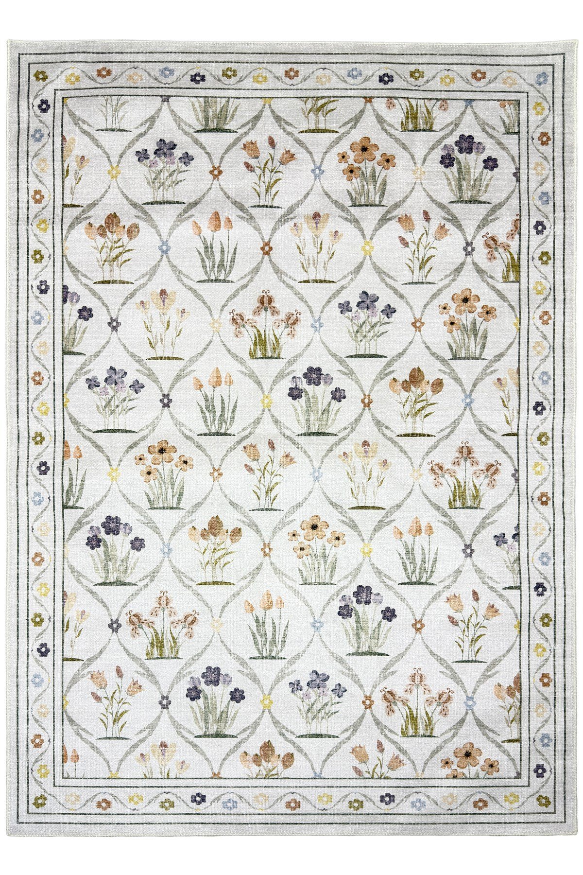 Flora Garden Pastel Çiçek Desenli Yıkanabilir Pamuk Taban Modern Halı 449