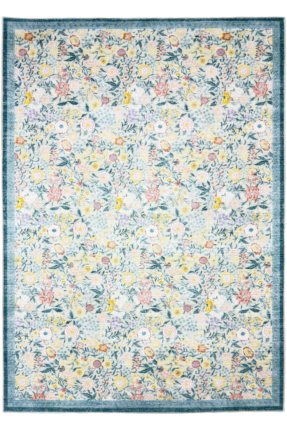 Flora Pastel Mavi Pembe Sarı Floral Bahçe Desenli Yıkanabilir Pamuk Taban Oturma Odası Halısı 501