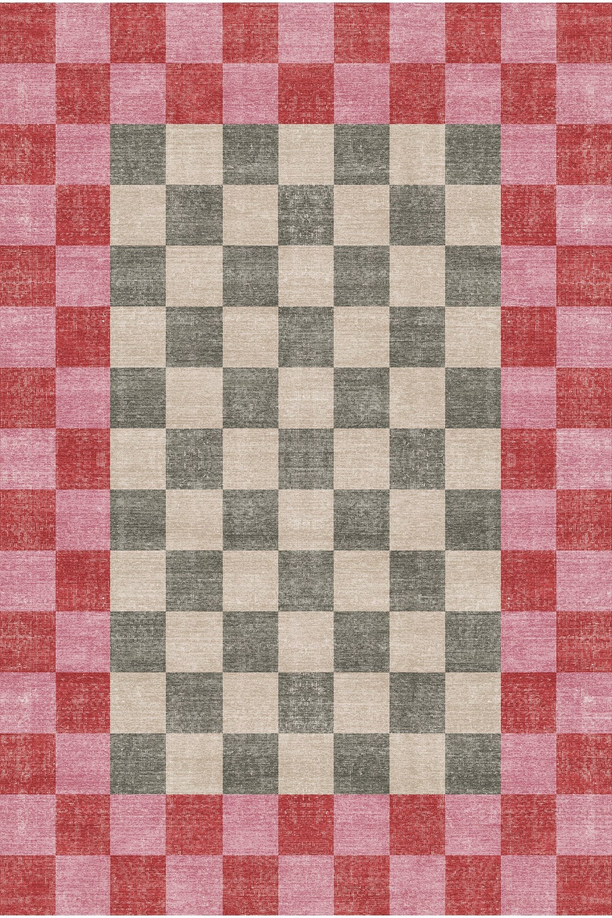 Kaymaz Tabanlı Modern Ekose Halı - Pembe Turuncu Yeşil Kareli 2296