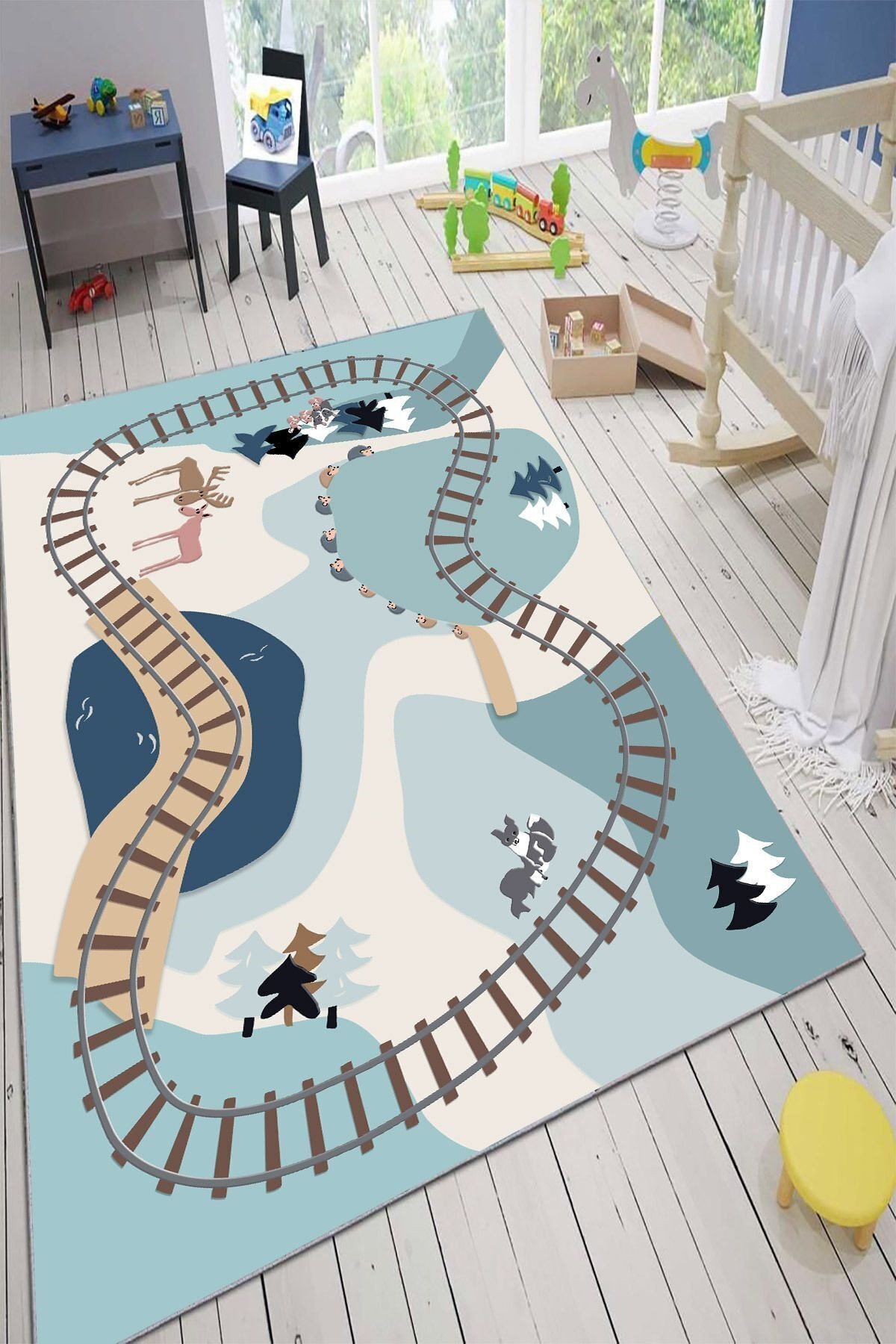 Kidsy 4005 Tren Ray Temalı Çocuk Odası Kaymaz Taban Dekoratif Halı