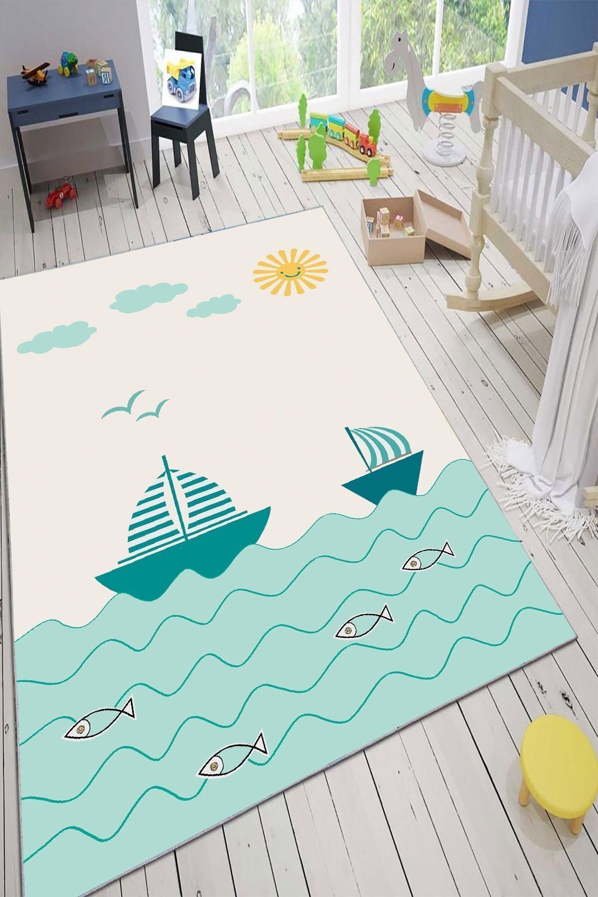 Kidsy 4013 Deniz Temalı Çocuk Odası Kaymaz Taban Dekoratif Halı