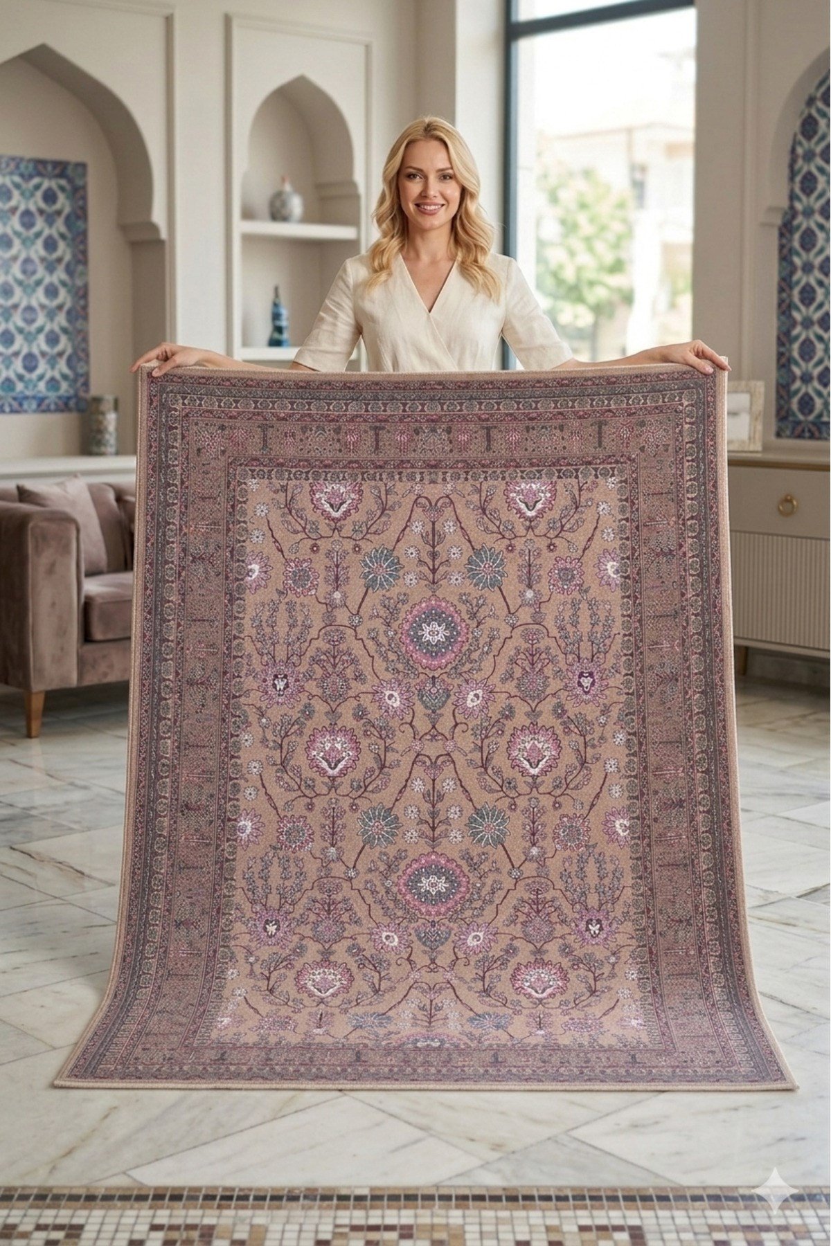 Klasik Bordo Bej Salon Halısı Çiçekli Vintage Desen Dekoratif Oturma Odası Halısı 2247