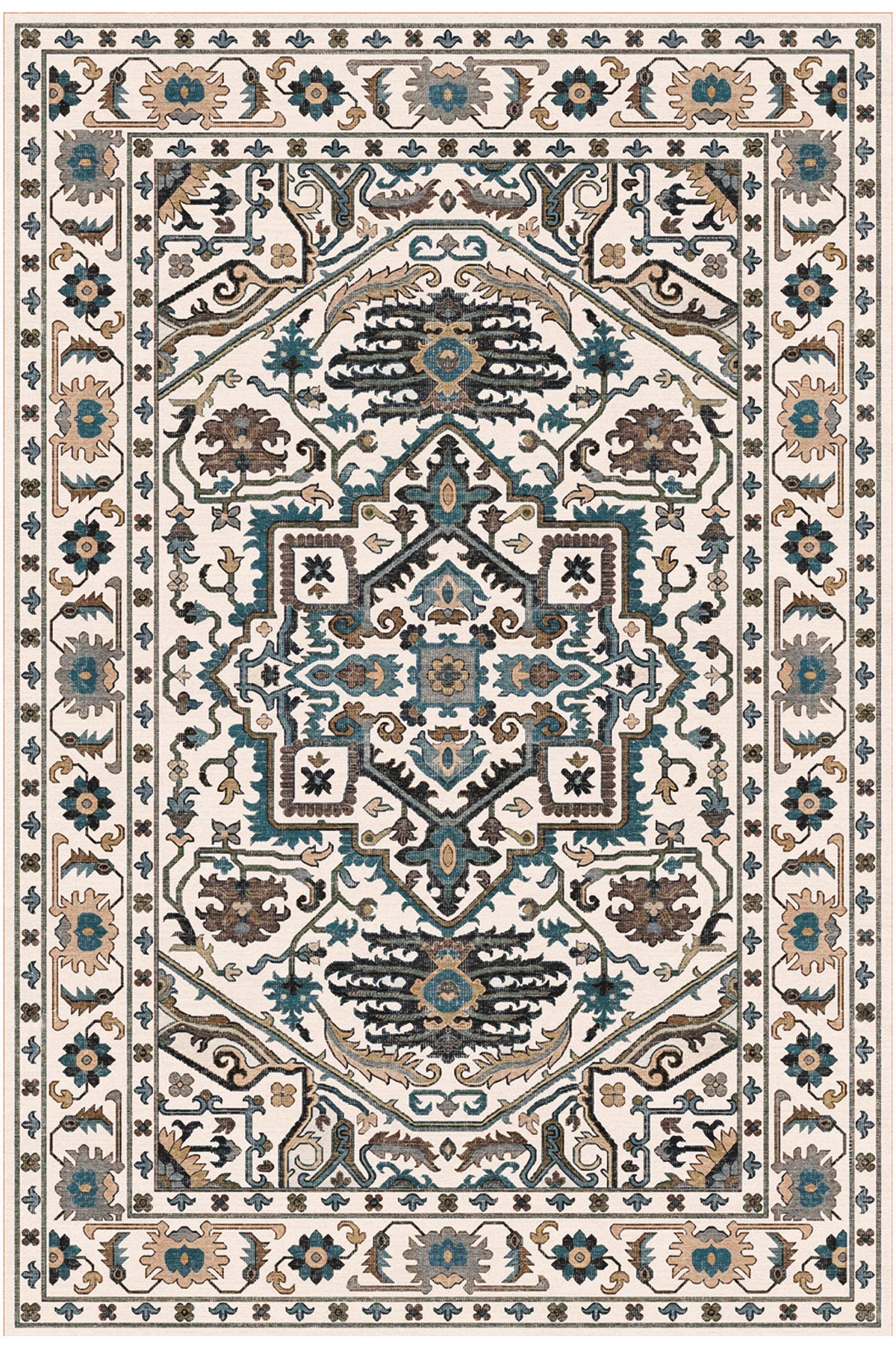 Krem Turkuaz Vintage Desenli Kaymaz Taban Salon Halısı 2230