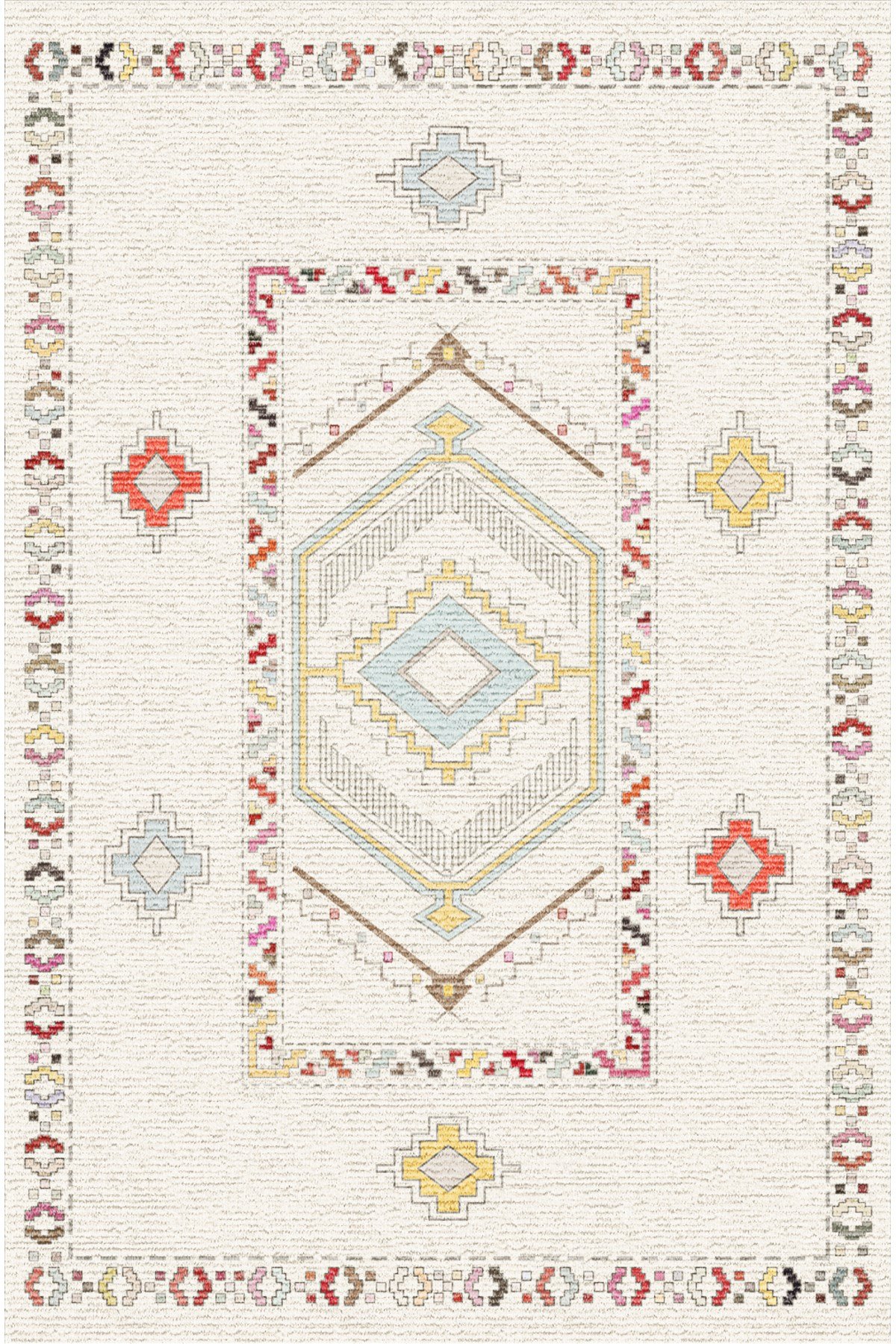 Krem Zeminli Etnik Geometrik Desenli Modern Kilim Pastel Renkli Dekoratif Salon Halısı 2128
