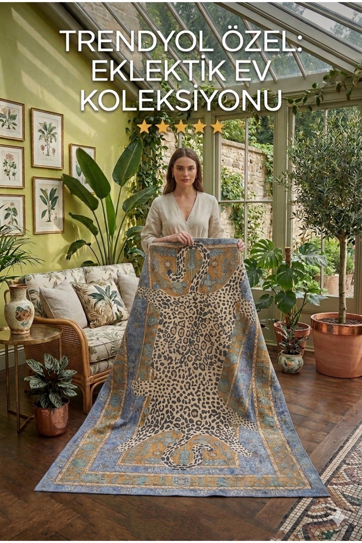 Leopar Postu Şeklinde Desenli Halı - Bohem Etnik Turkuaz Çerçeveli Vahşi Salon Halısı
