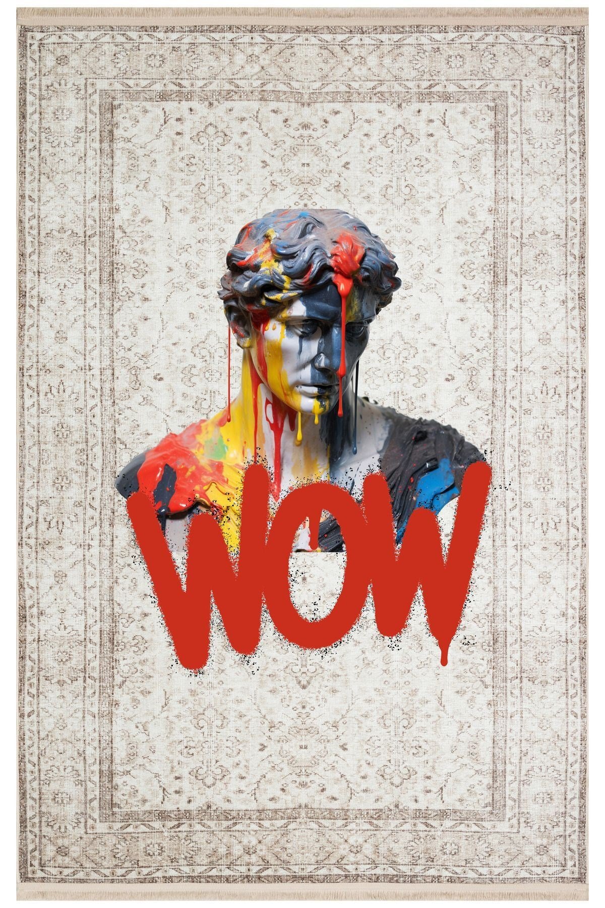 Mars 172 Bej Vintage Wow Yazılı Heykel Art Modern Dokuma Taban Halı