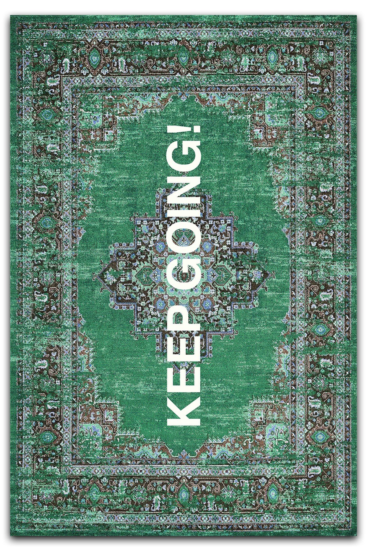 Mars 185 Keep Going Yazılı Yeşil Etnik Vintage Dokuma Taban Halı