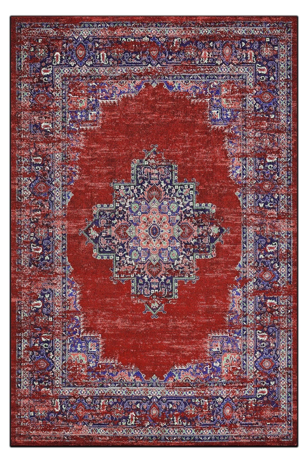 Mars 197 Kırmızı Etnik Desenli Vintage Dokuma Taban Halı