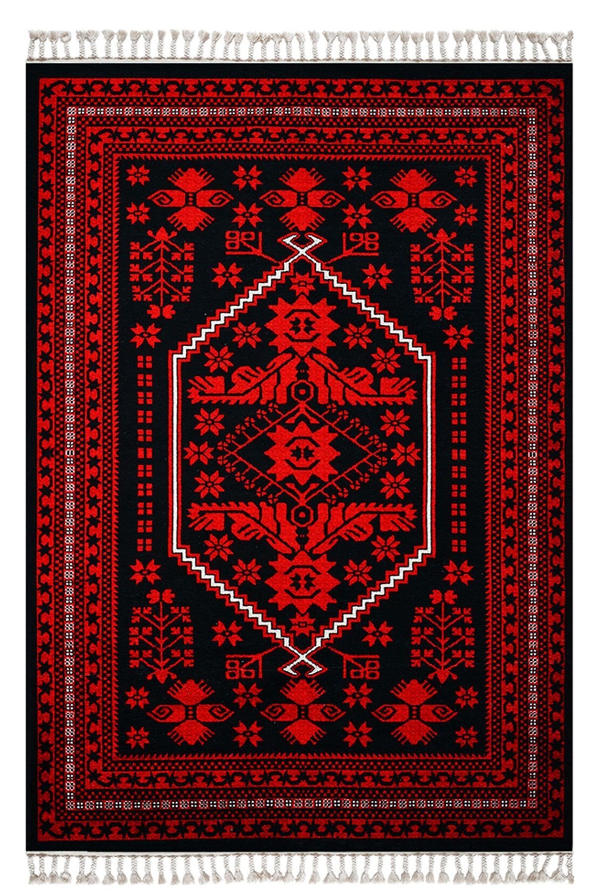 Mars 2009 Kırmızı Siyah Bordürlü Etnik Vintage Görünüm Dokuma Taban Halı