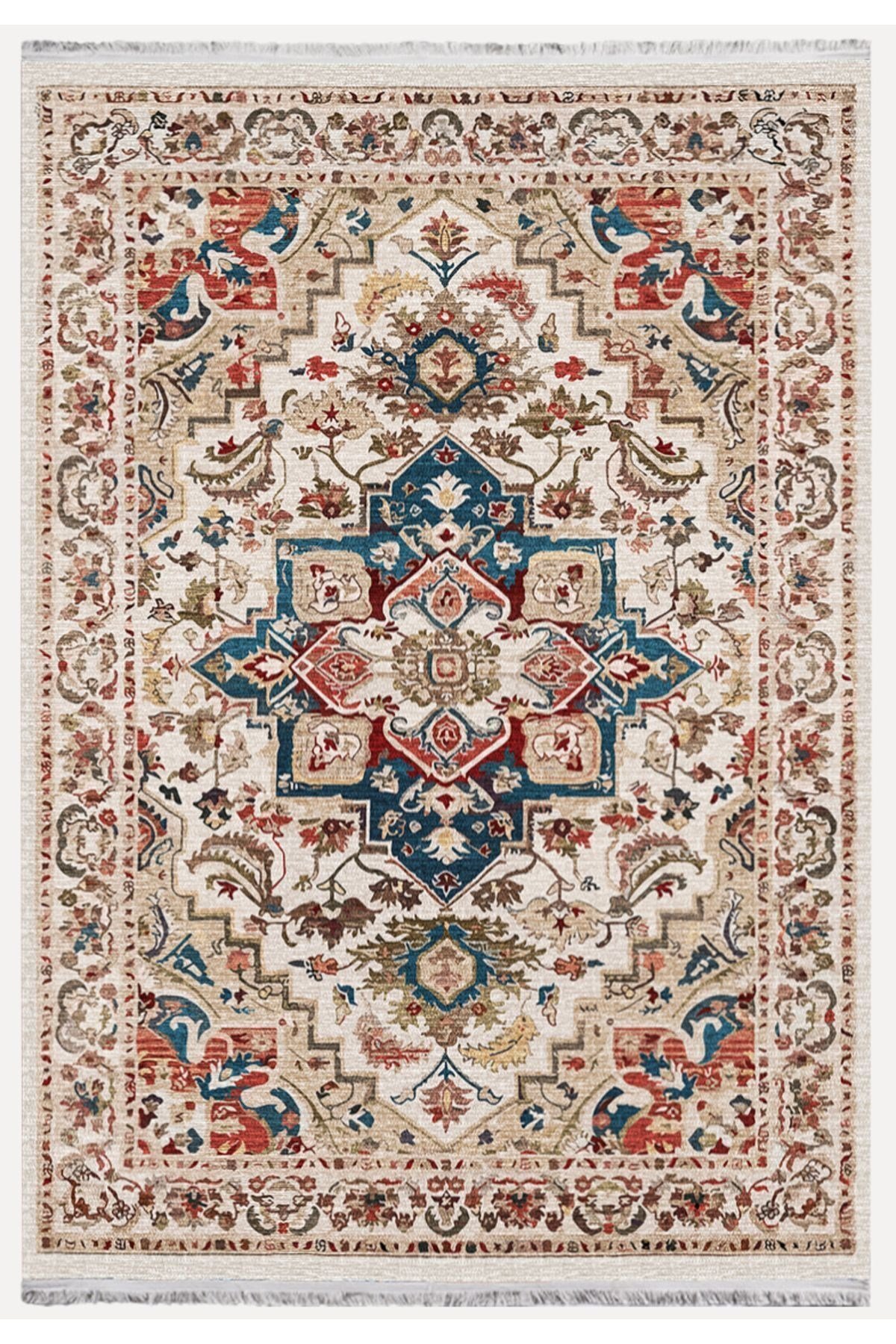 Mars 2178 Krem Ve Bej Tonlarında Vintage Modern Saçaklı Yıkanabilen Dekoratif Halı