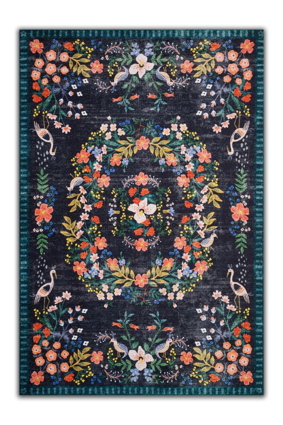 Mars 2184 Lacivert Botanik Floral Çiçeksi Modern Ve Country Stil Dokuma Taban Halı