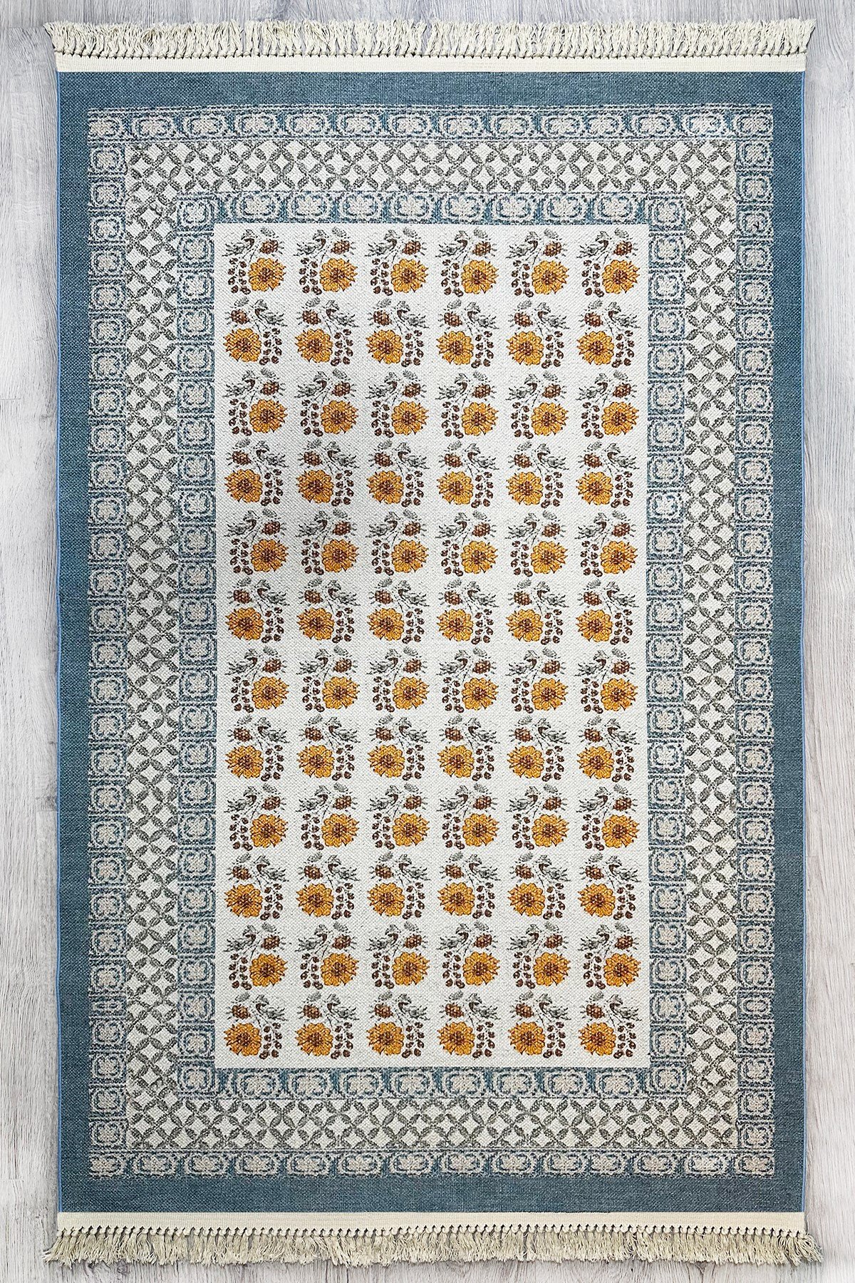 Mavi Dokuma Bohem Kilim Etnik Çiçekli Motif Desen li Vintage Kilim Yıkanabilir Cotton Kilim 3724