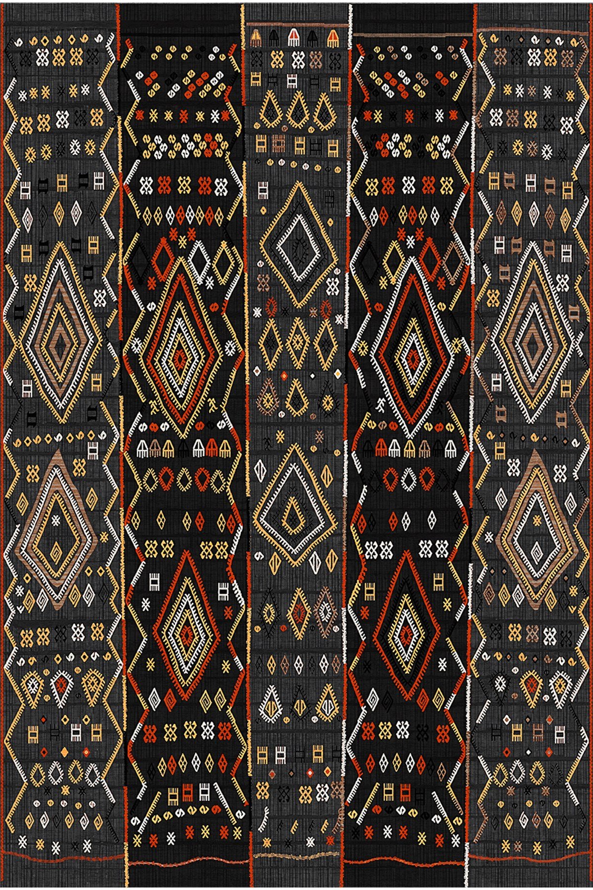 Modern Etnik Desenli Siyah Salon Halısı -Kaymaz Tabanlı,Yıkanabilir Şık Kilim Halı 2106