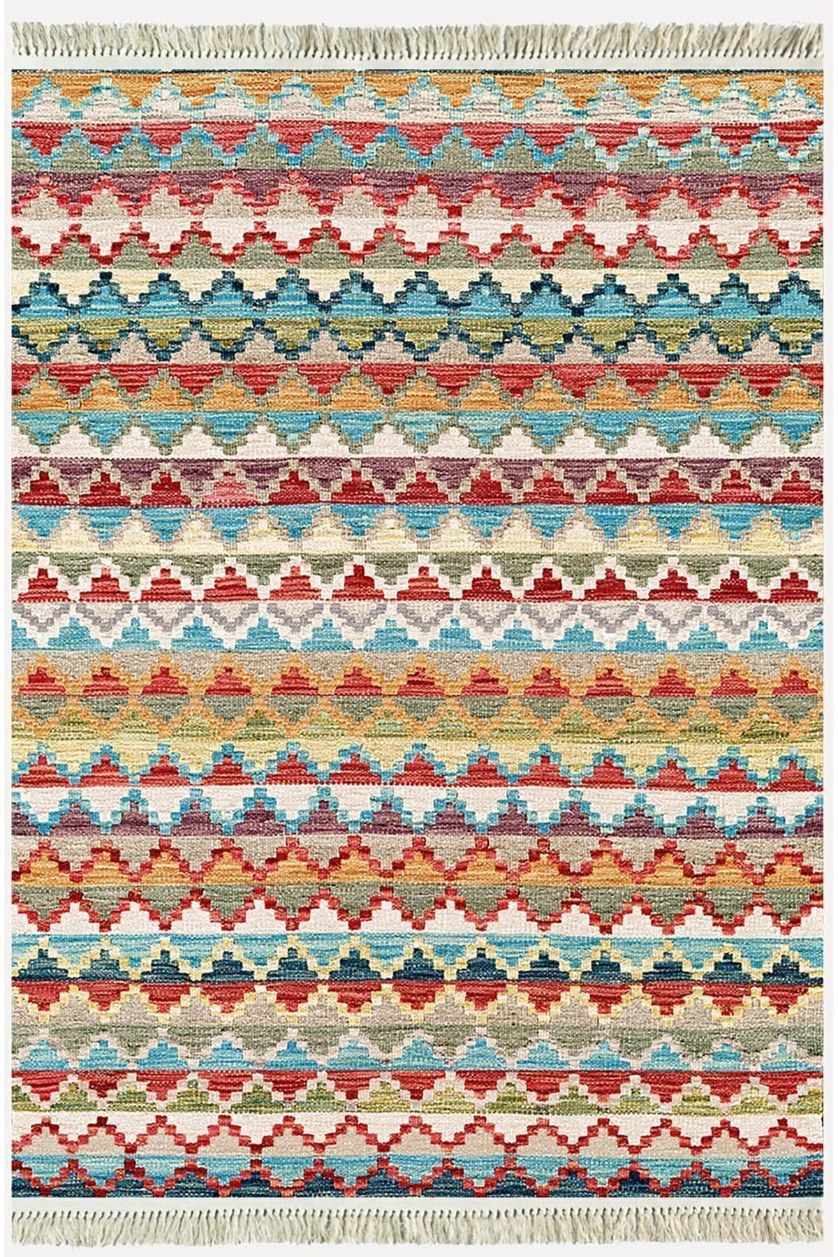 Multy Tonlarında Baklava Antika Desenli Dekoratif Pamuk Dokuma Cotton Kilim 3569