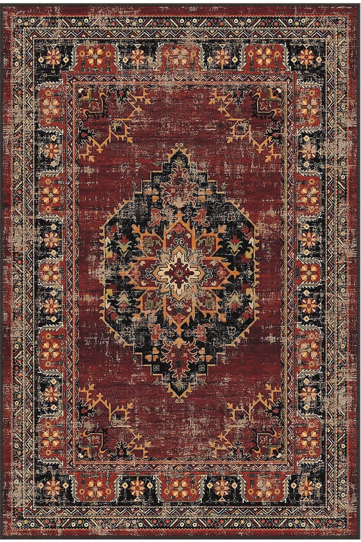 Otantik Anadolu Desenli Kırmızı Salon Halısı – Vintage Madalyonlu Klasik Dekoratif Halı 2254