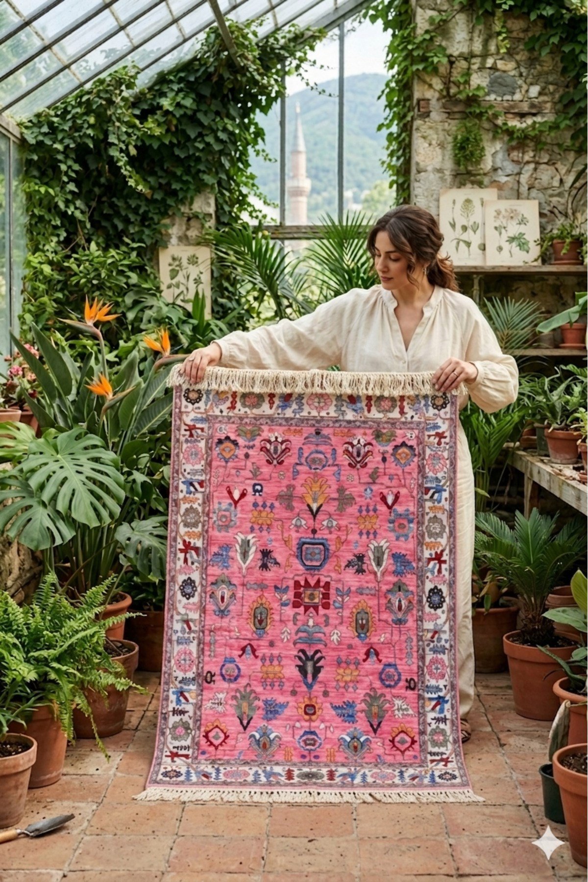 Pembe Otantik Etnik Desenli Halı - Vintage Türk Motifli Bohem Salon Halısı 71