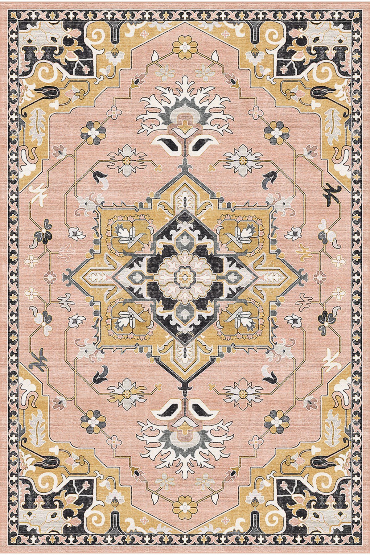 Pudra Pembe Siyah Gold Merkez Madalyonlu Modern Klasik Salon Halısı 2283