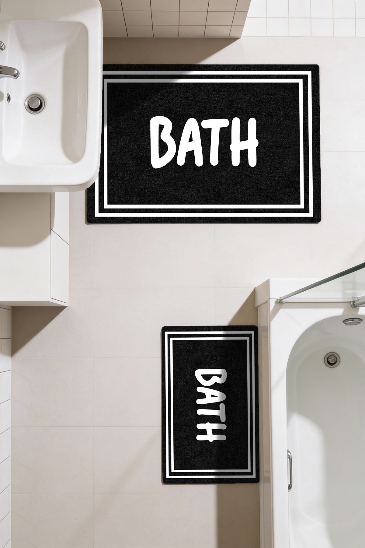 Punto Beyaz Çizgili BATH Yazılı Dijital Baskı Yıkanan Kaymaz İkili Banyo Paspas Takımı, 40x60 60x100