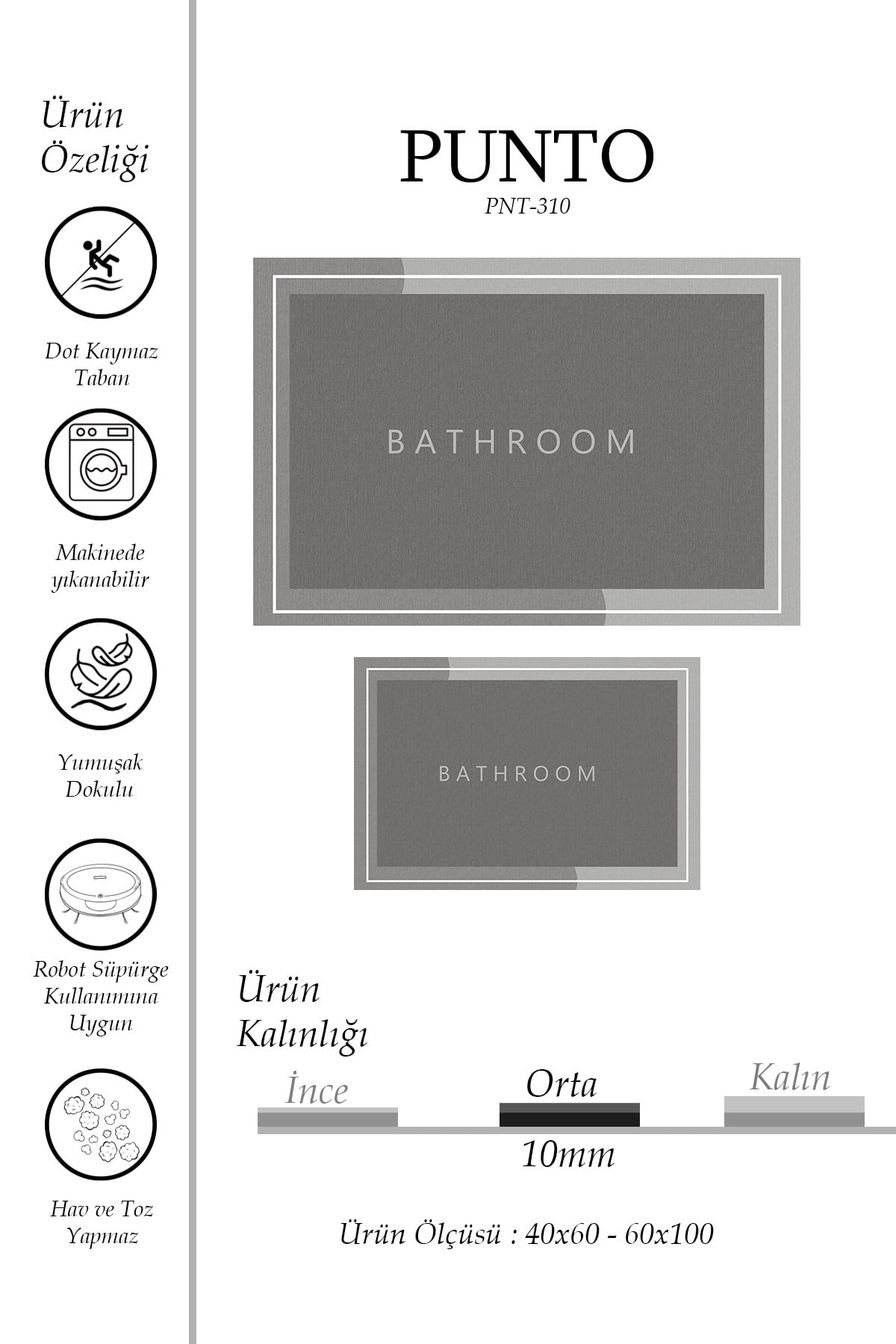 Punto Kaymaz Açık Gri & Gri Tonları, Yumuşak ve Yıkanan İkili Banyo Paspas Takımı, 40x60 60x100