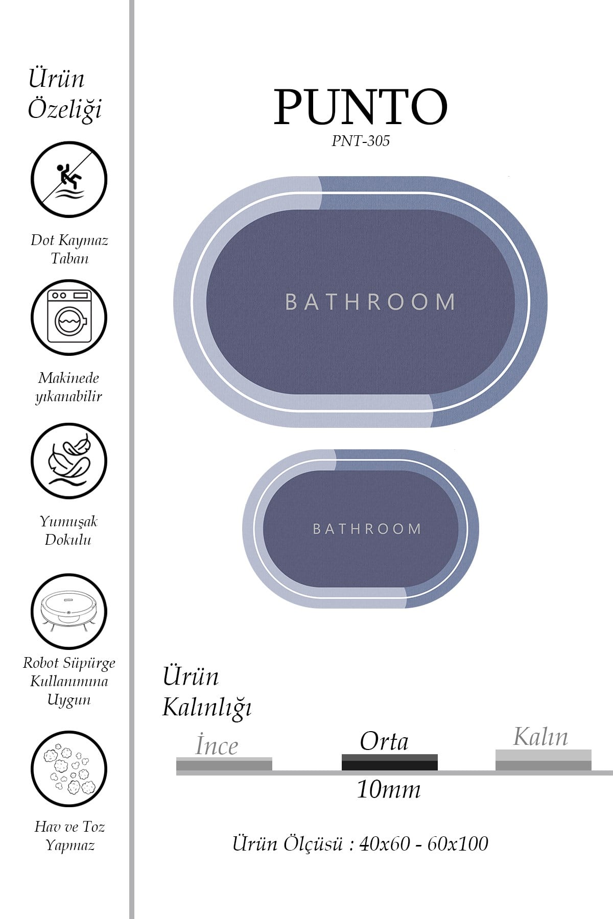 Punto Kaymaz Modern Oval Şık Mavi Tonlar, Yumuşak ve Yıkanan İkili Banyo Paspas Takımı, 40x60 60x100