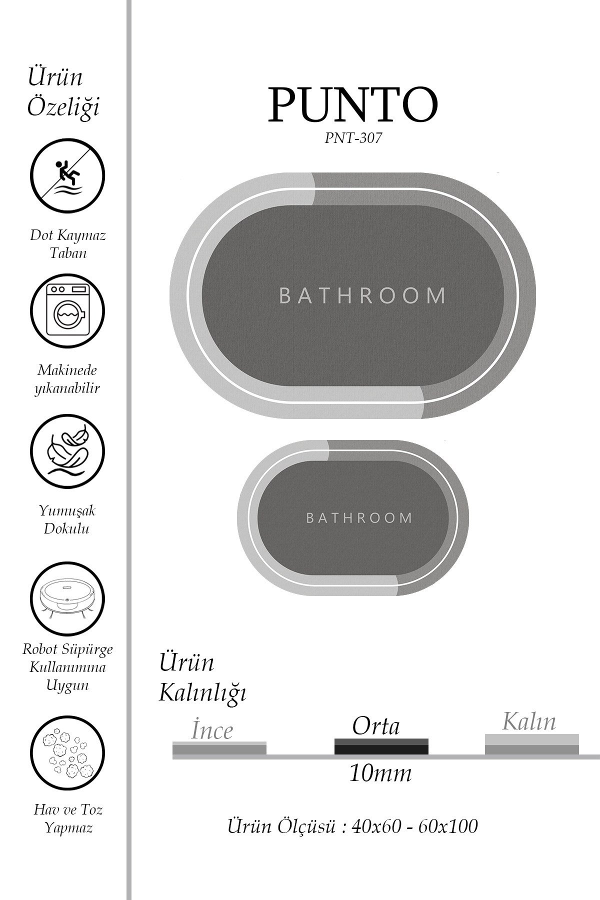 Punto Kaymaz Oval Açık Gri & Gri Tonları, Yumuşak ve Yıkanan İkili Banyo Paspas Takımı 40x60 60x100