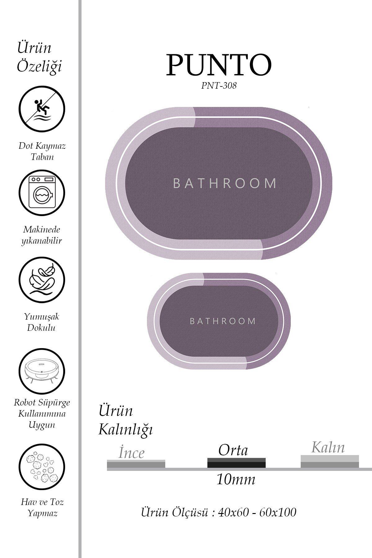 Punto Kaymaz Tabanlı Oval Lila & Mor Tonları, Yumuşak İkili Banyo Paspas Takımı 40x60 60x100