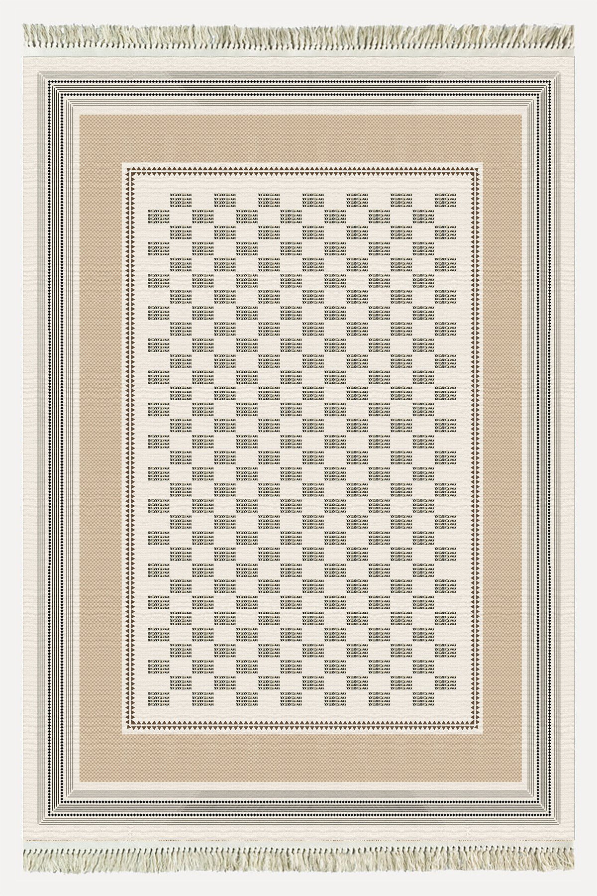 Siyah Beyaz ve Bej Tonlarında Kare Desenli Kilim Etnik Bohem Stil Yıkanabilir Pamuk Taban Kilim