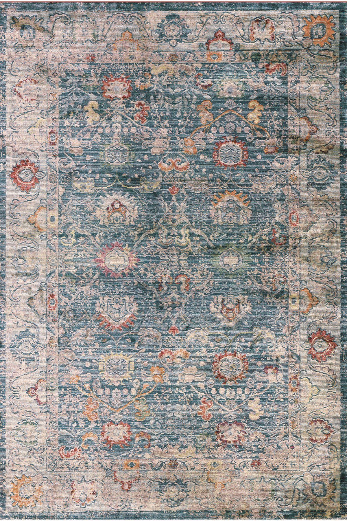 Turkuaz Vintage Eskitme Salon Halısı Klasik Desenli Kaymaz Taban Modern Halı 2151
