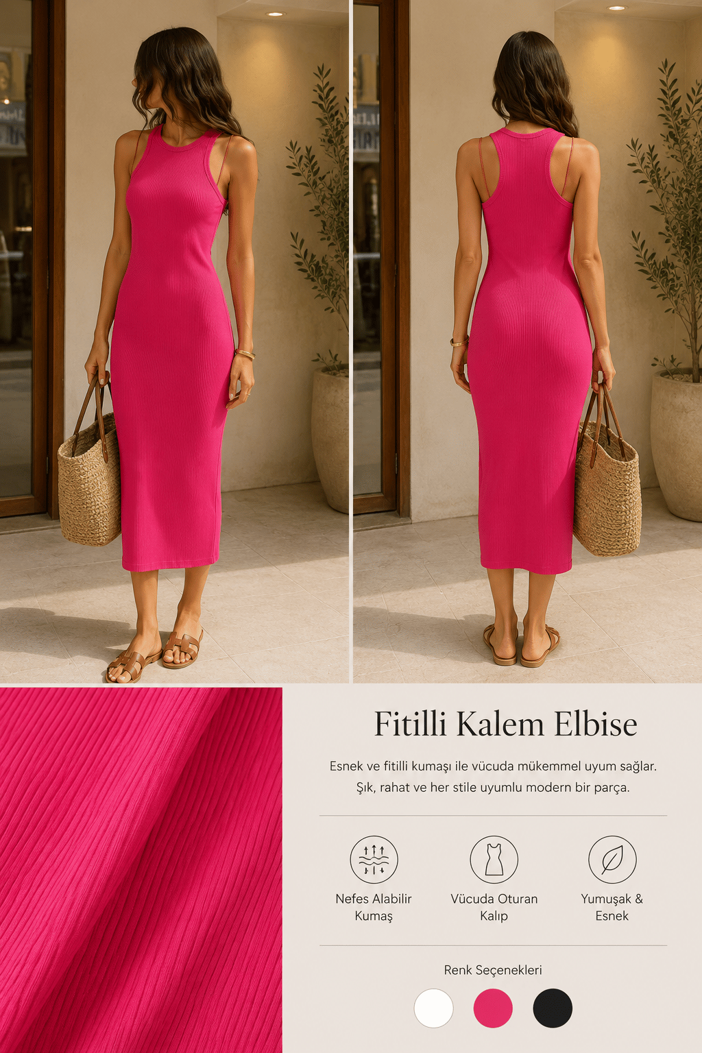 Halter Yaka Fitilli Elbise Fuşya 