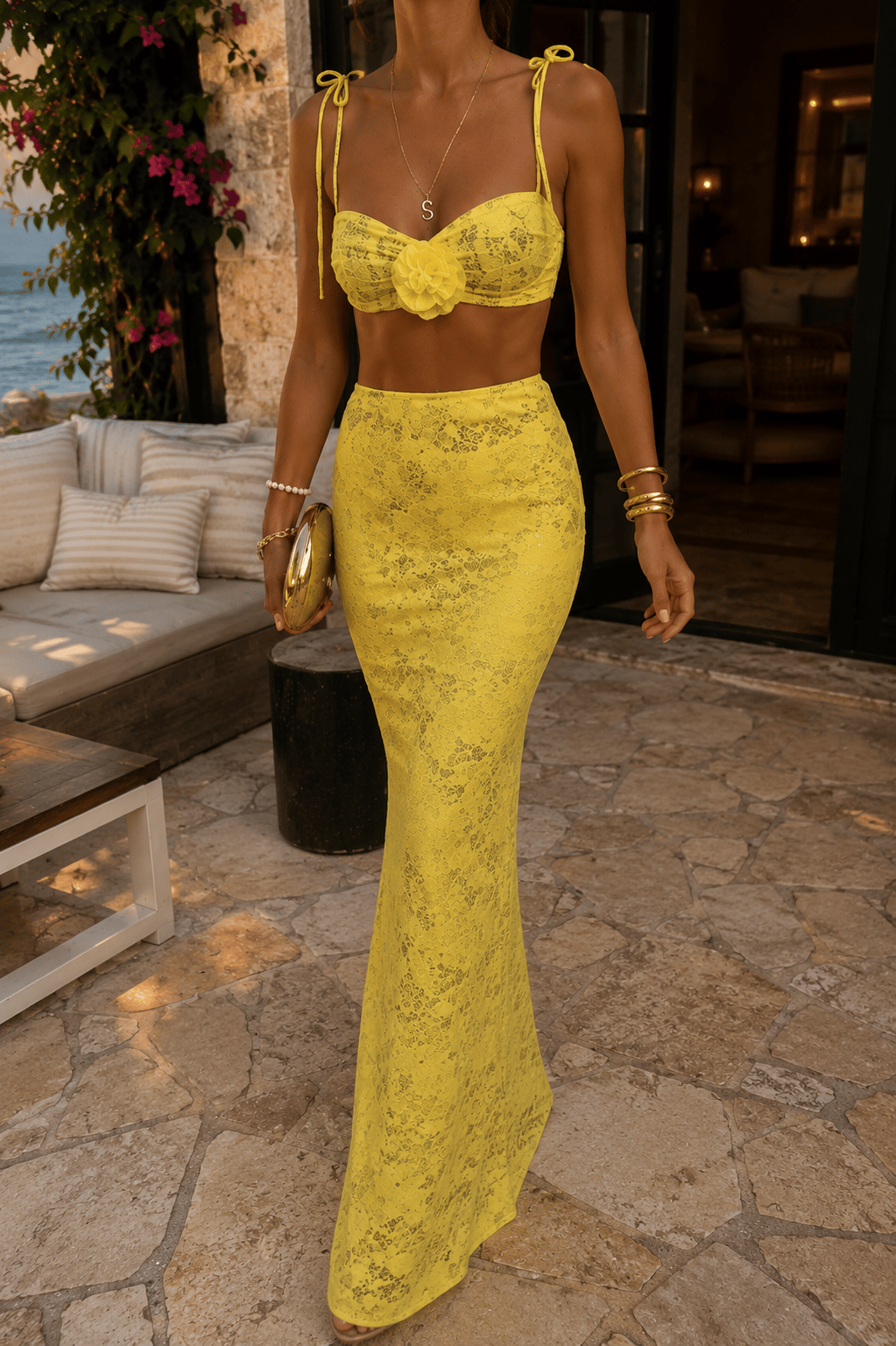 Naomi Gül Aksesuarlı Bluz Etek Takım Lime