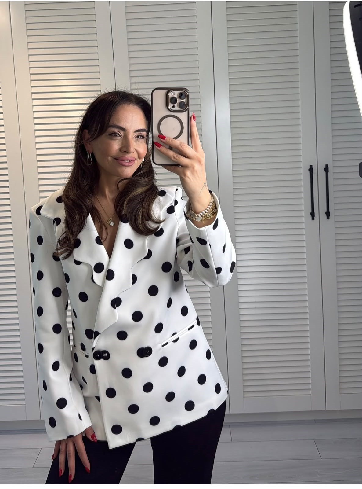 Puantiyeli Tasarım Kesim Blazer Siyah/Beyaz