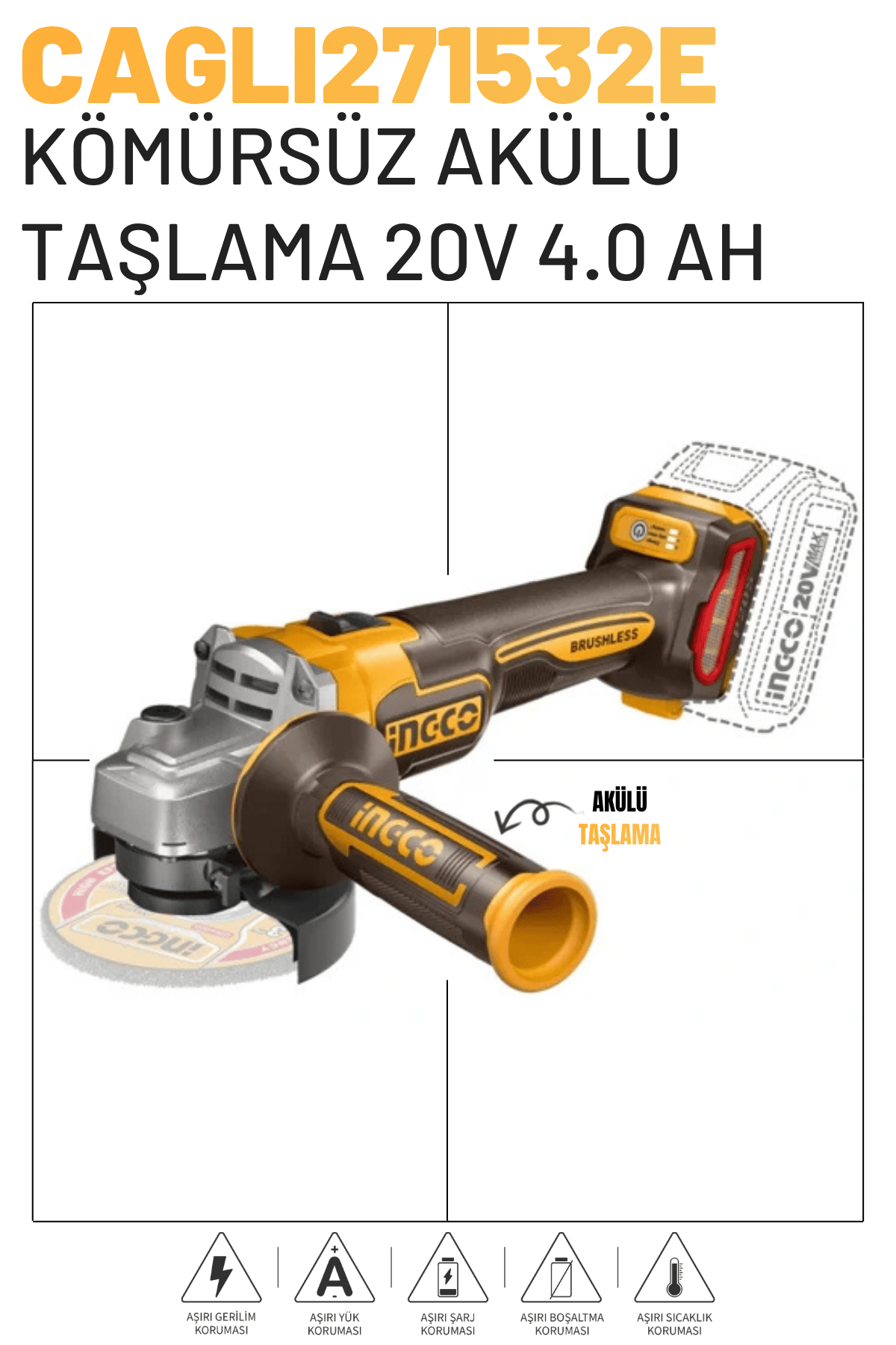 INGCO KÖMÜRSÜZ AKÜLÜ TAŞLAMA 20V 4.0 AH
