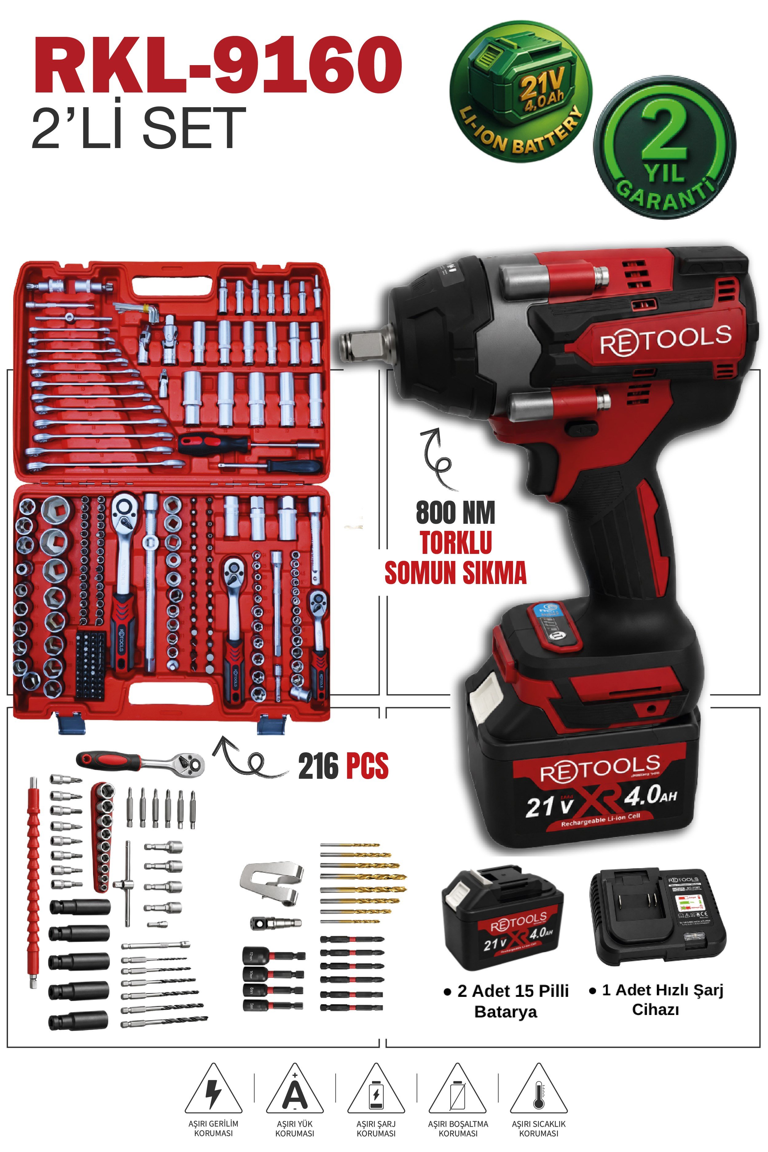 RETOOLS BORDO 2'Lİ SET (BORDO 800 NM TORKLU (15 PİLLİ) - BORDO 216 PARÇA LOKMA TAKIMI)