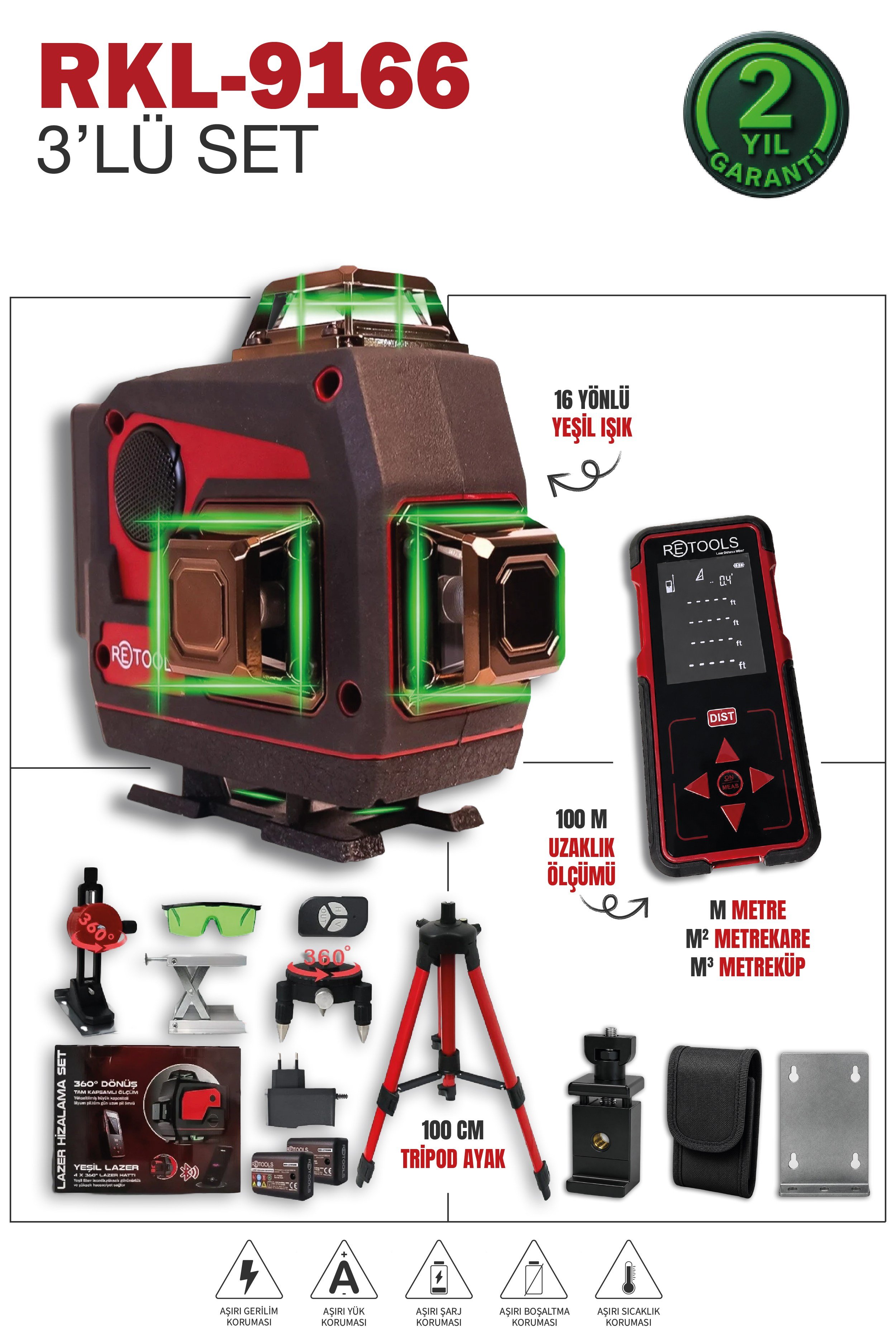 RETOOLS BORDO 3'LÜ SET(16 YÖNLÜ LAZER+LAZER METRE+TRİPOD(100M))