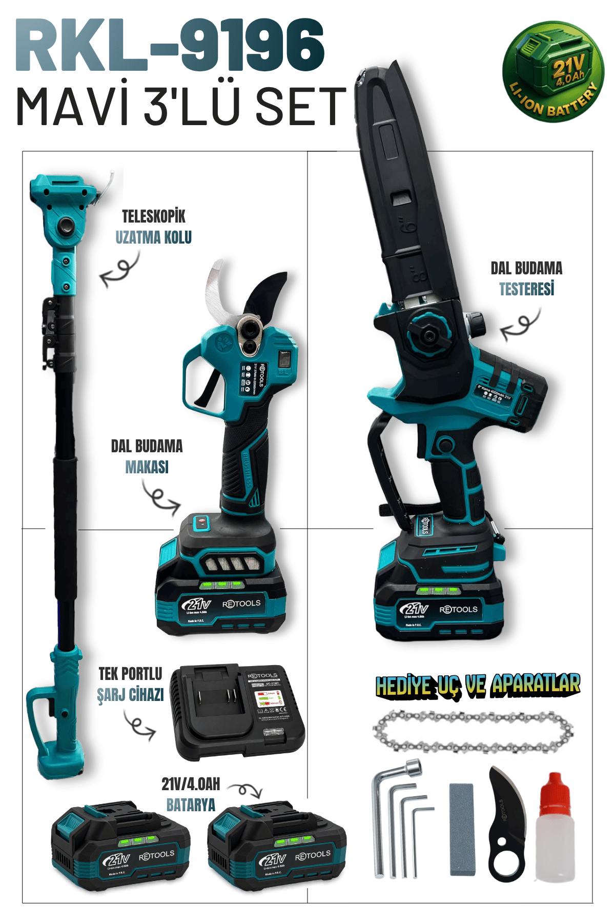 Retools Mavi 3'lü Set (Makas – Testere – Uzatma Kol)
