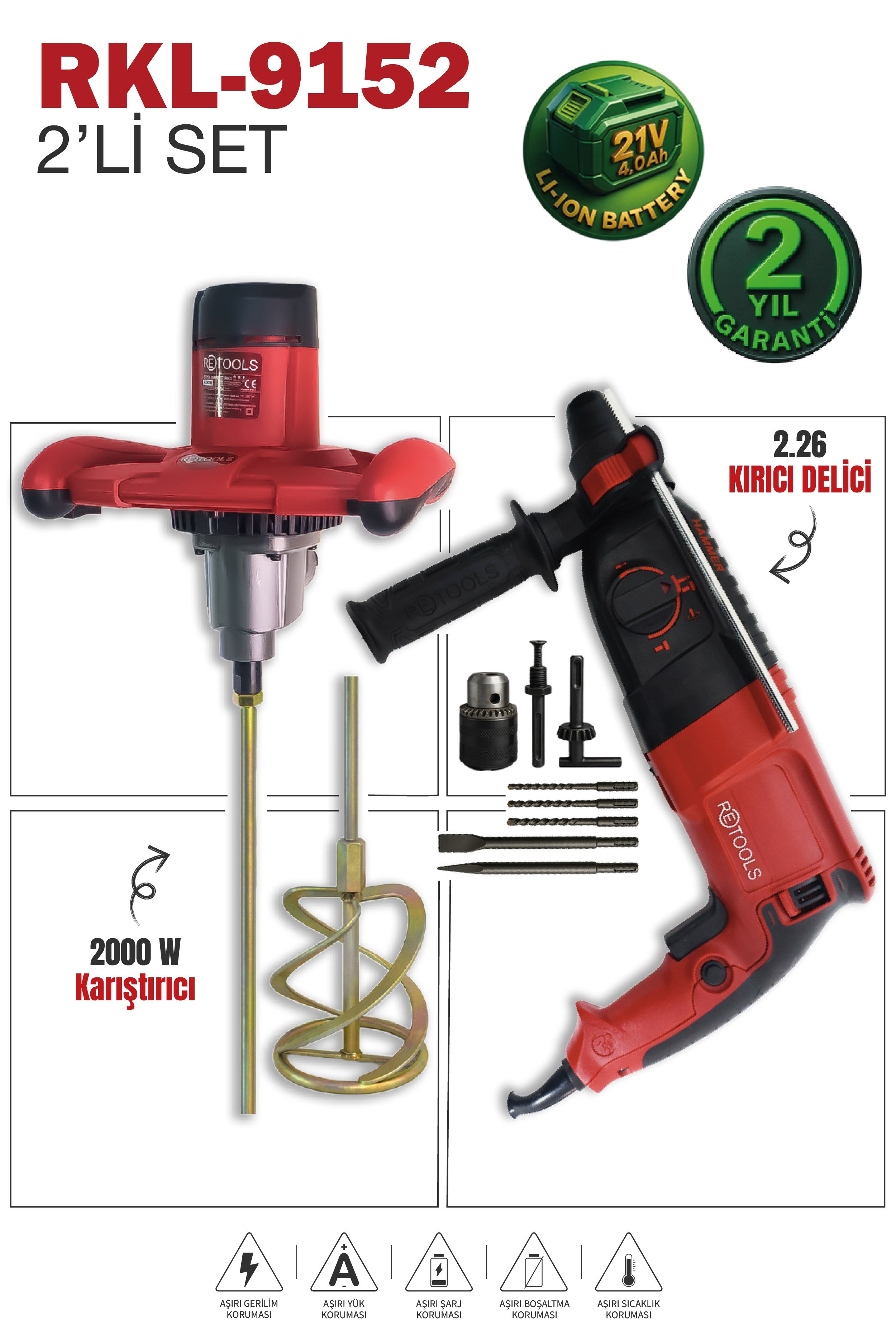 RKL-9152 RETOOLS BORDO 2 Lİ SET (2.26 HİLTİ + 2000 W KARIŞTIRICI)