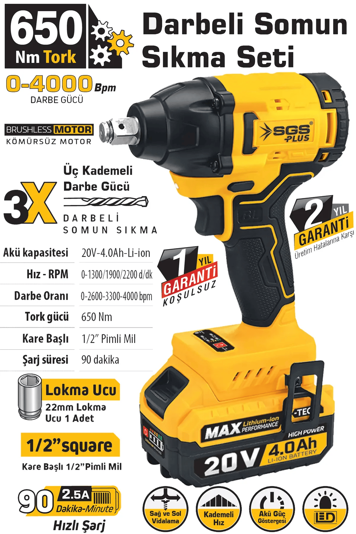 SGS DARBELİ SOMUN SIKMA SETİ 650 NM TORK 1/2” 1*4.0 AH (KÖMÜRSÜZ MOTOR)