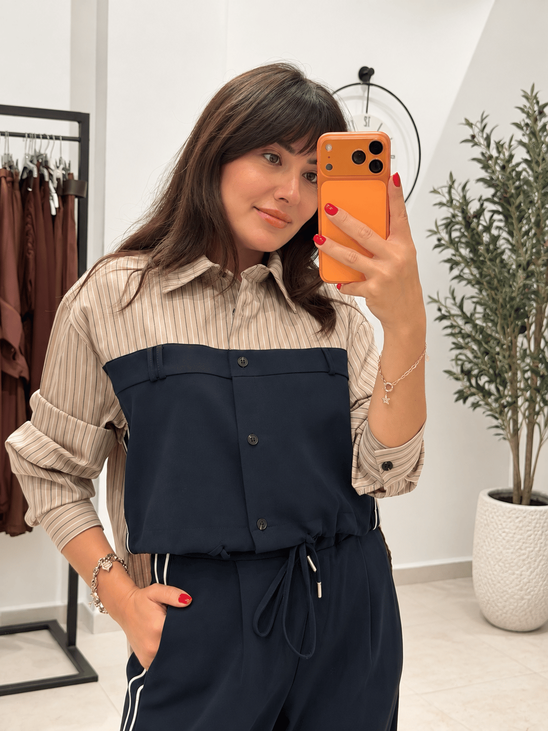 Çizgi Detaylı Gömlek Pantalon Takım - Lacivert
