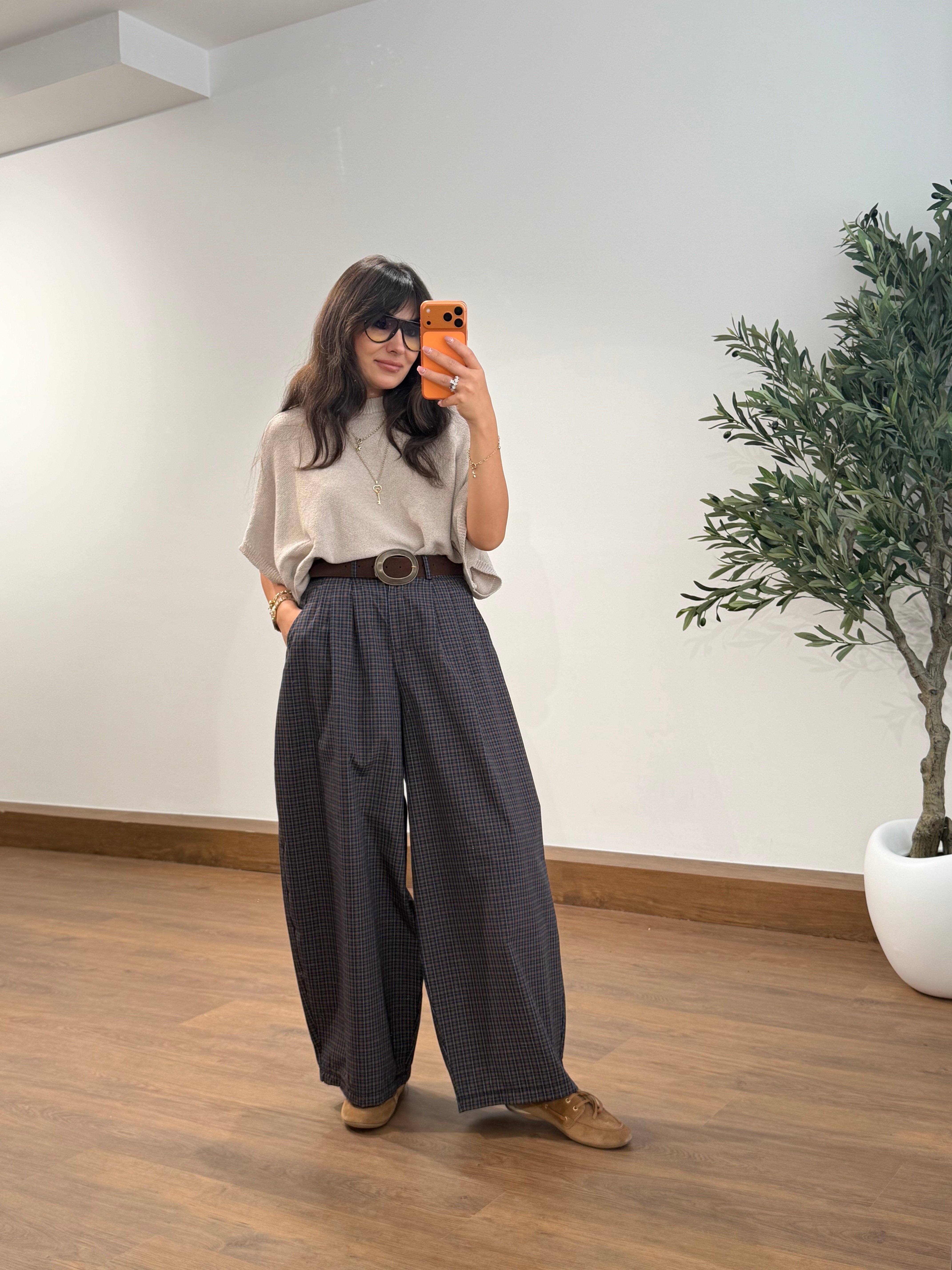 Ekose Kemerli Oversize Pantolon Kahve