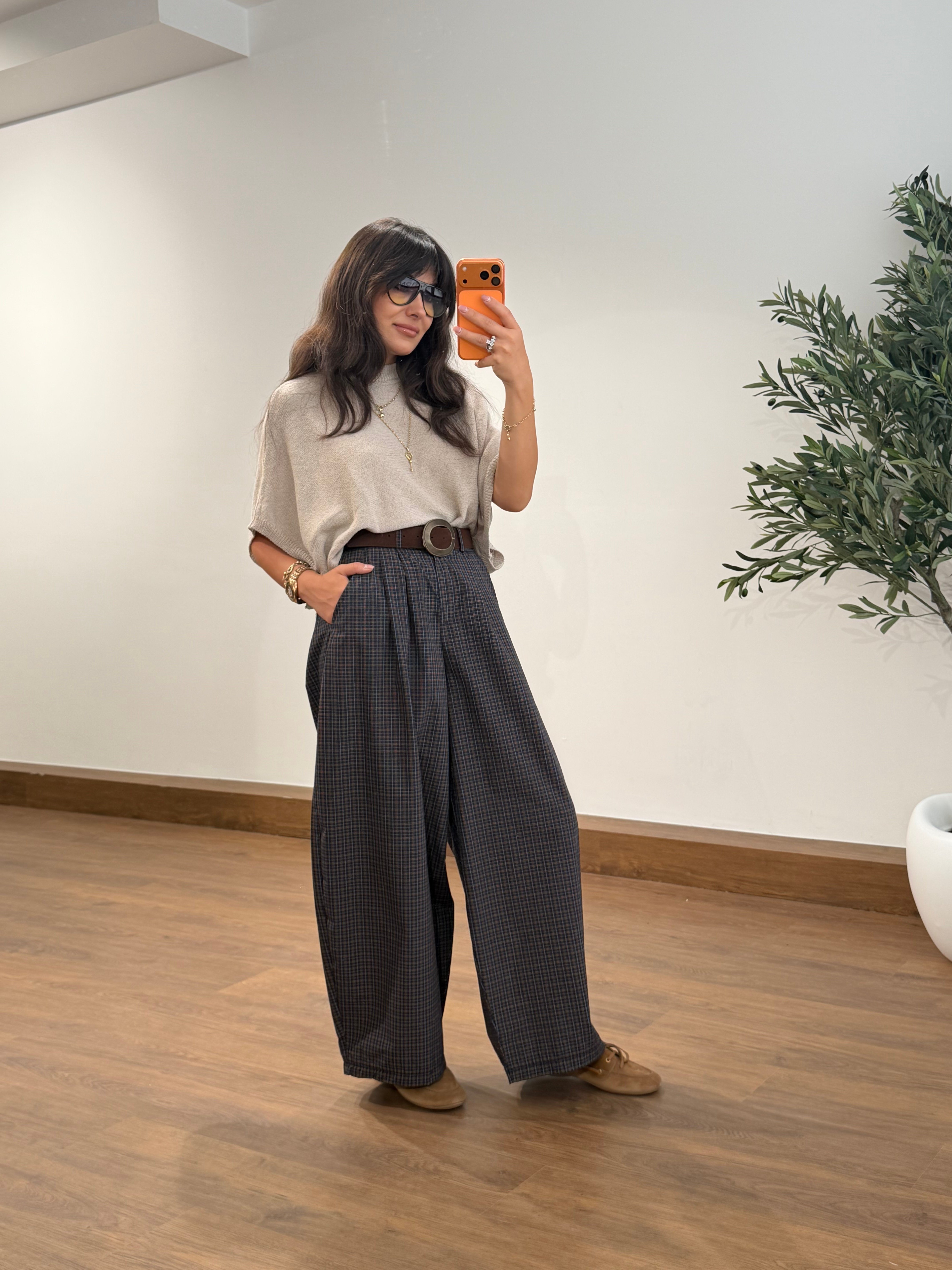Ekose Kemerli Oversize Pantolon Kahve