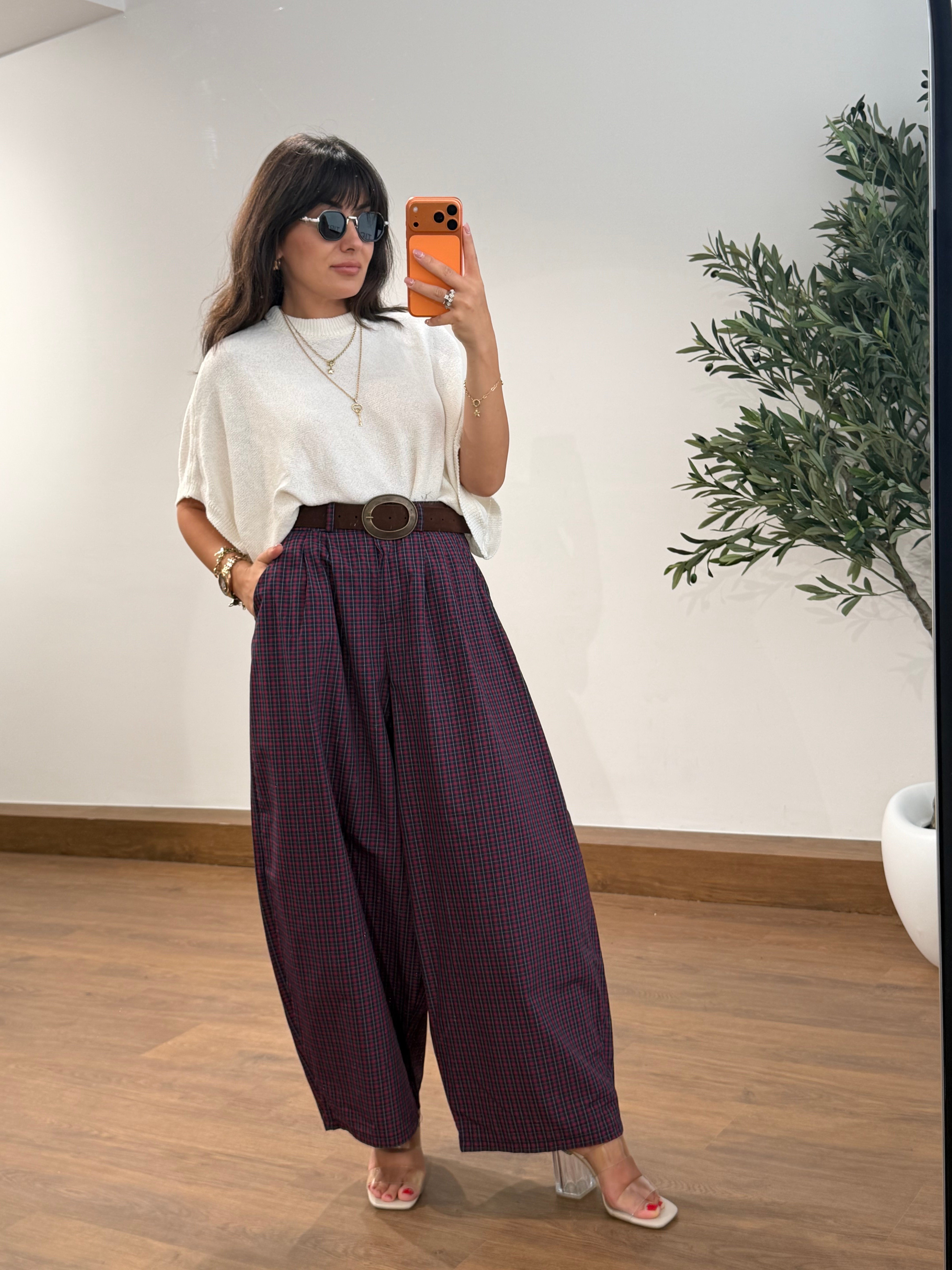Ekose Oversize Kemerli Pantalon Bordo