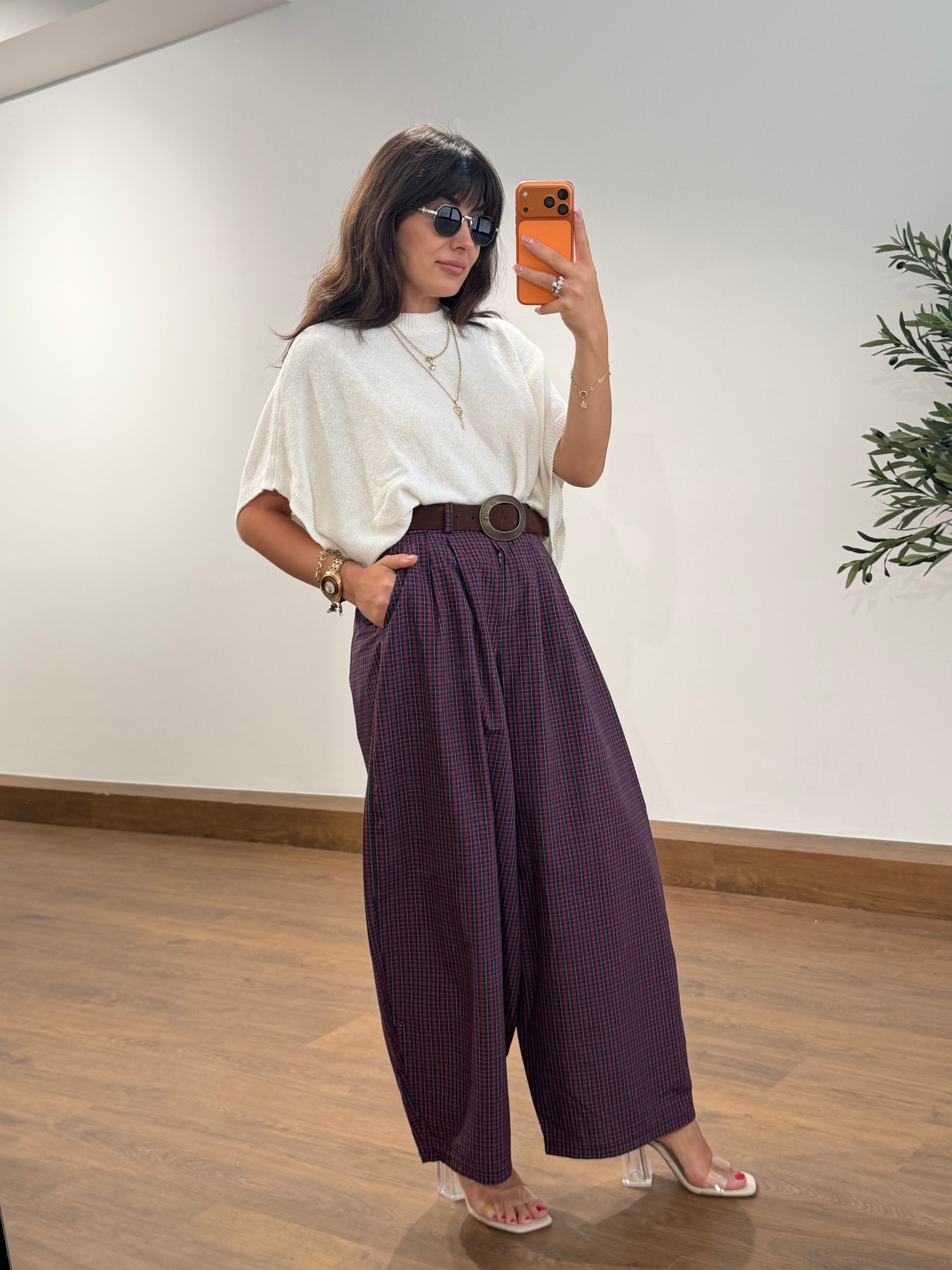 Ekose Oversize Kemerli Pantalon Bordo